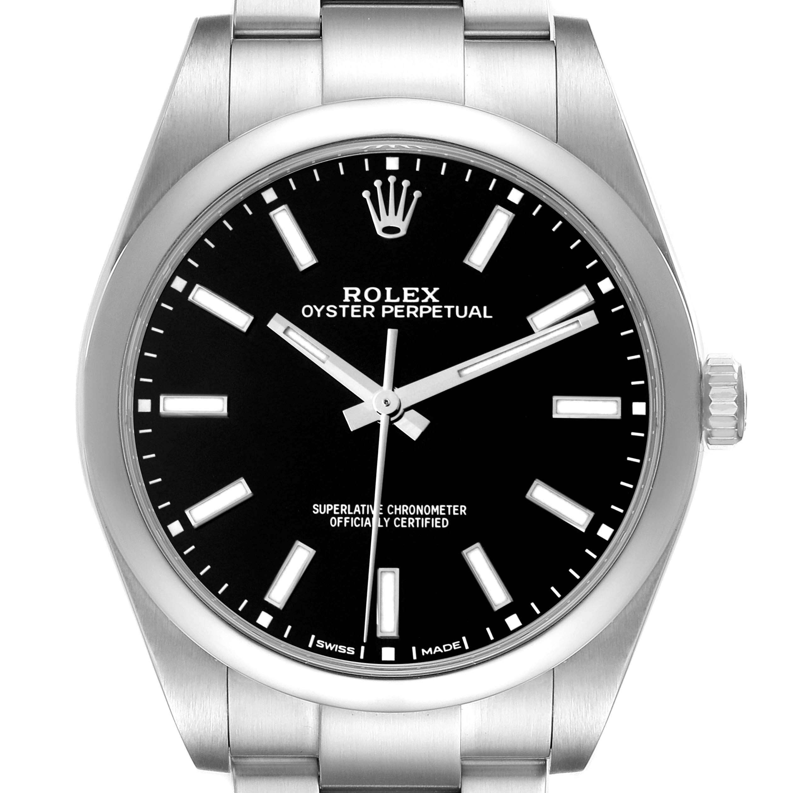 The Rolex Oyster Perpetual 114300 Men
s Stainless Steel Black Dial 114300 Men
s Stainless Steel Black Dial watch is shown from a front angle, highlighting the dial, hands, crown, and bracelet.