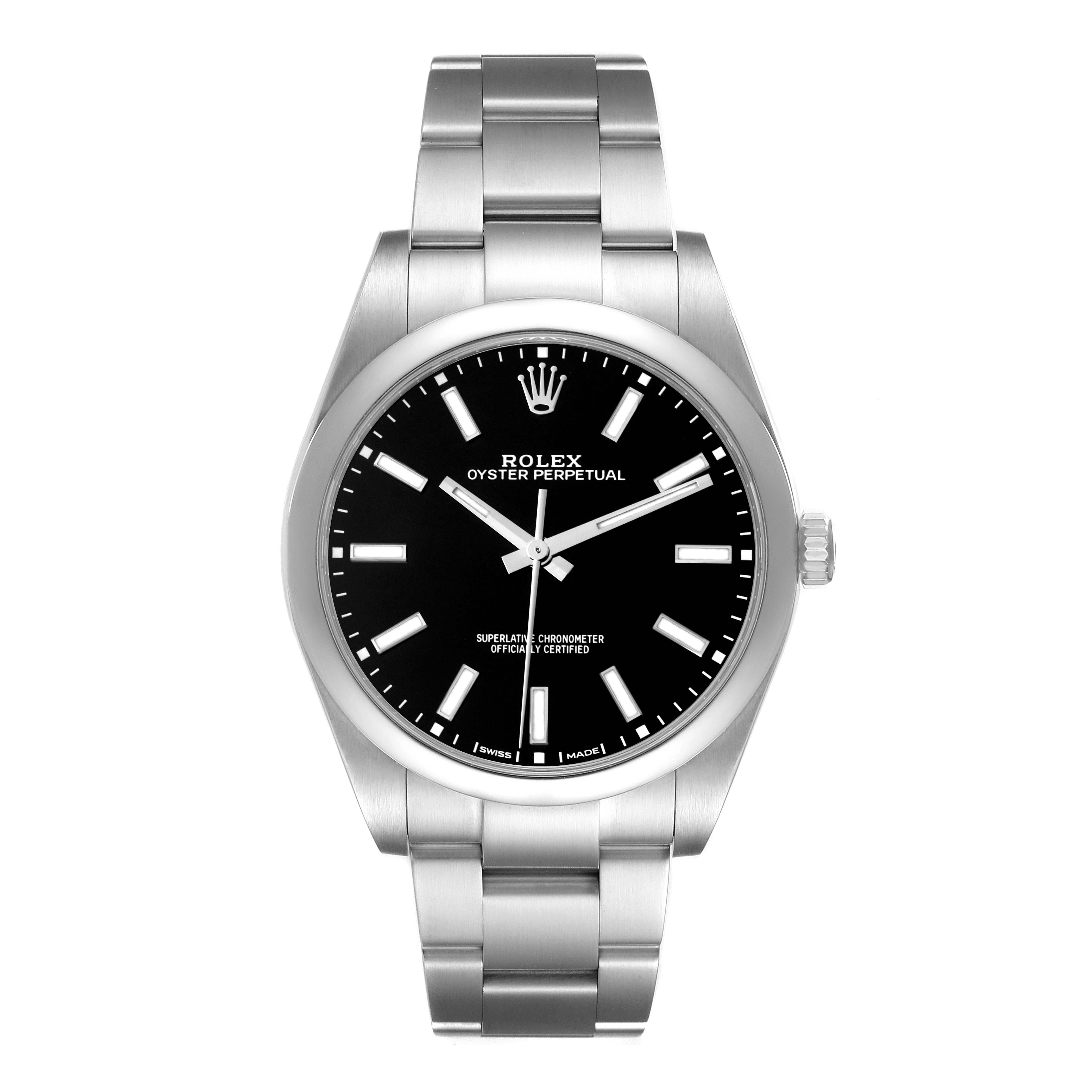 The Rolex Oyster Perpetual 114300 Men
s Stainless Steel Black Dial 114300 Men
s Stainless Steel Black Dial watch is shown from the front, displaying its dial, bezel, and bracelet.