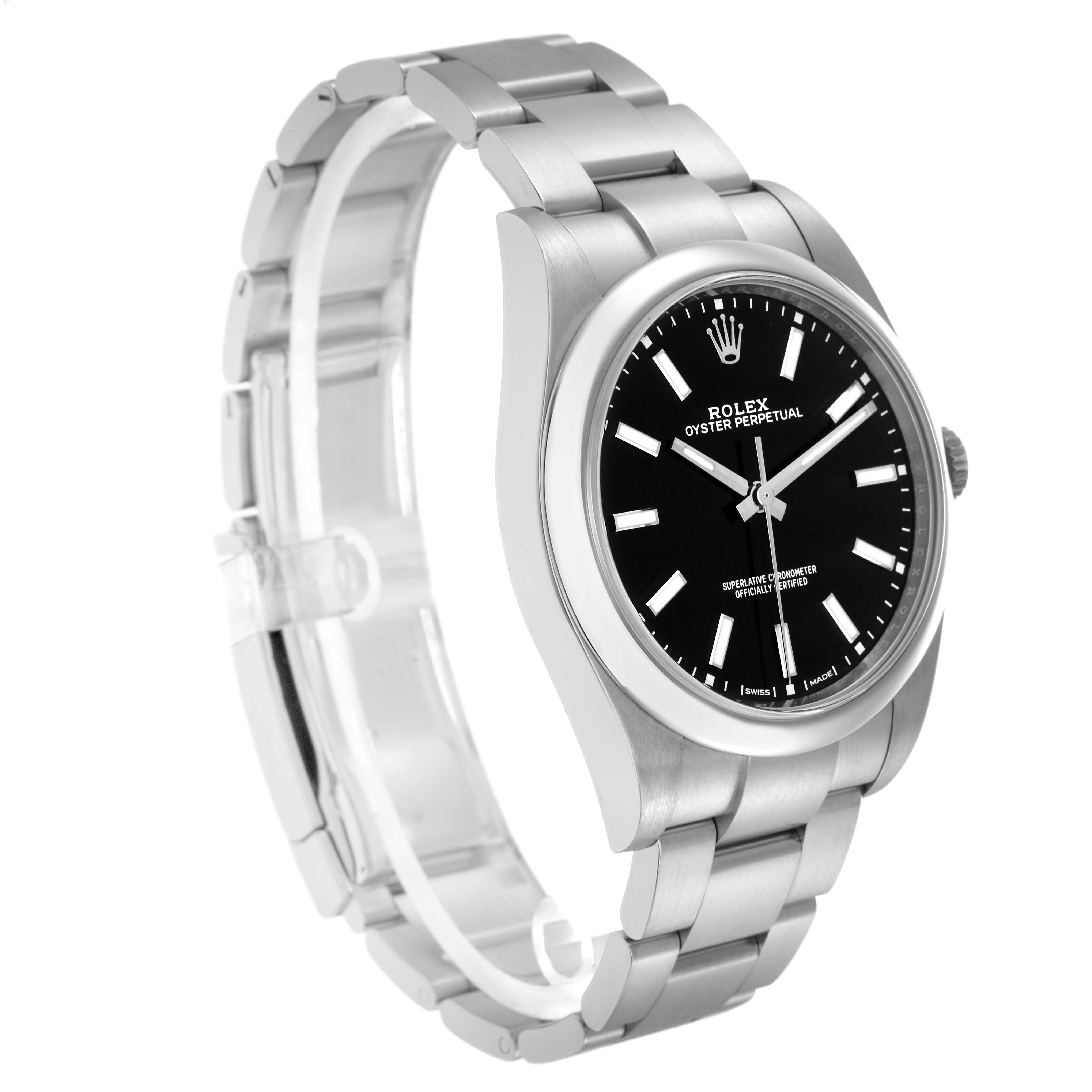 The Rolex Oyster Perpetual 114300 Men
s Stainless Steel Black Dial 114300 Men
s Stainless Steel Black Dial watch is shown at a front-side angle, highlighting the dial, bezel, and bracelet.