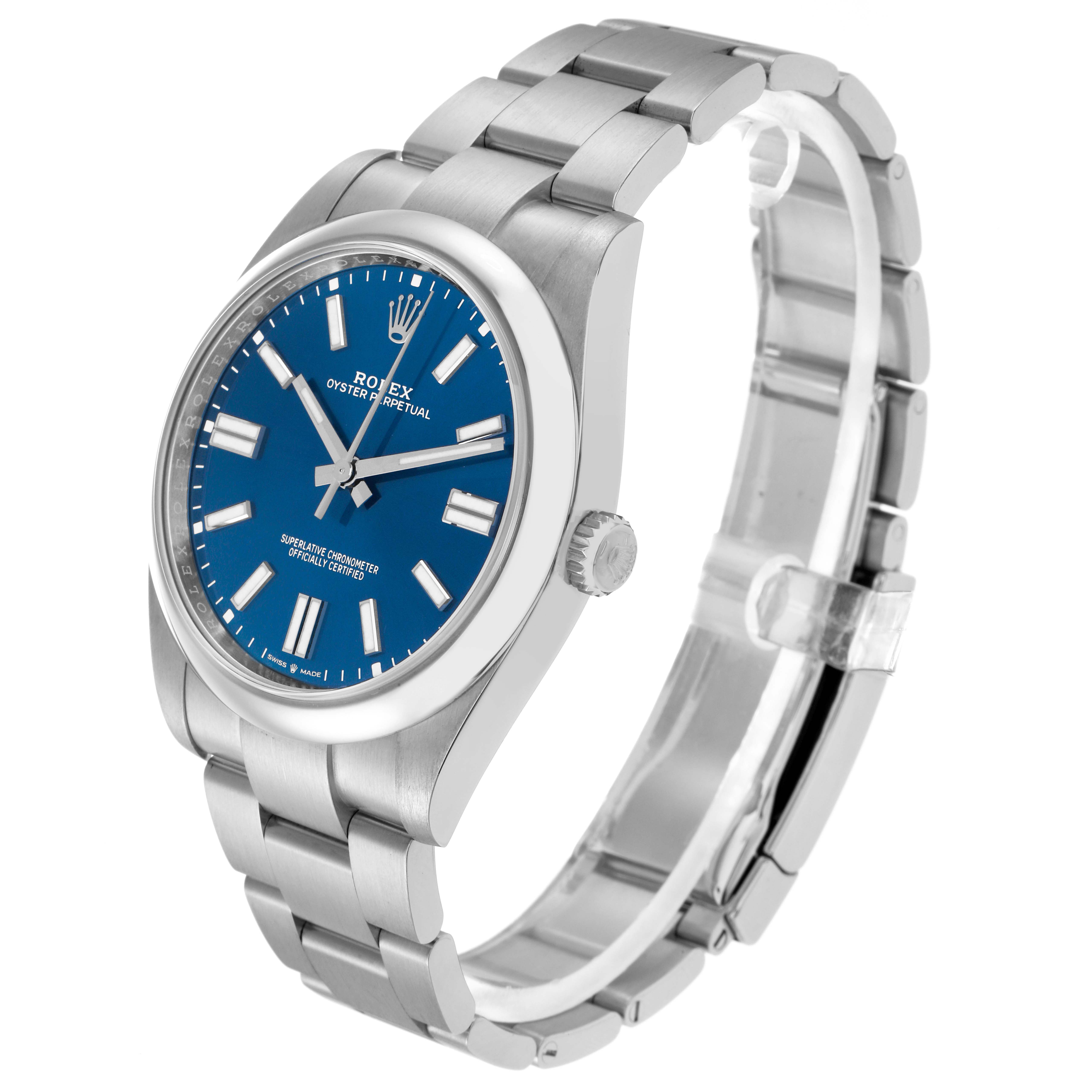The image shows a side view of a Rolex Oyster Perpetual 124300 Men
s Stainless Steel Blue Dial 124300 Men
s Stainless Steel Blue Dial watch, highlighting its blue face, bezel, crown, and bracelet.