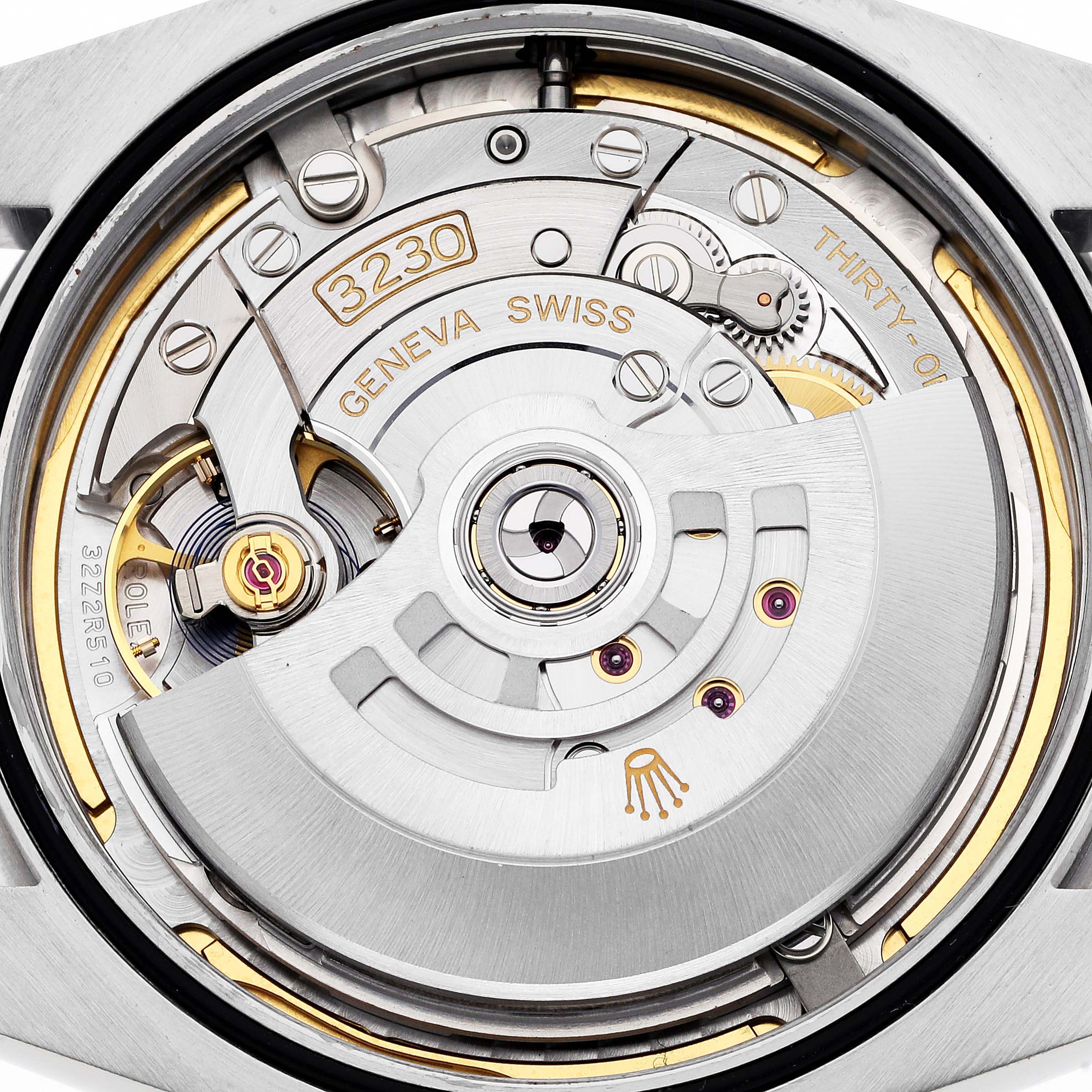 The image shows the back movement of a Rolex Oyster Perpetual 124300 Men
s Stainless Steel Blue Dial 124300 Men
s Stainless Steel Blue Dial watch, highlighting its mechanical components and engravings.