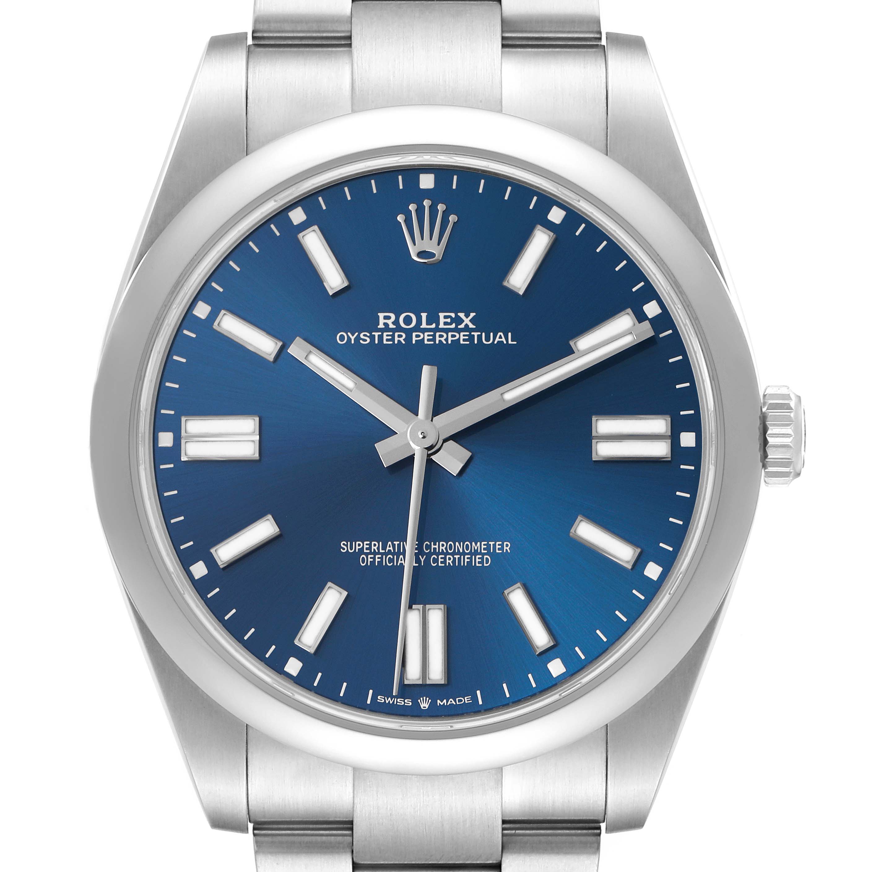 The Rolex Oyster Perpetual 124300 Men
s Stainless Steel Blue Dial 124300 Men
s Stainless Steel Blue Dial watch is shown from a top-down angle, highlighting the blue dial, markers, bezel, crown, and bracelet.