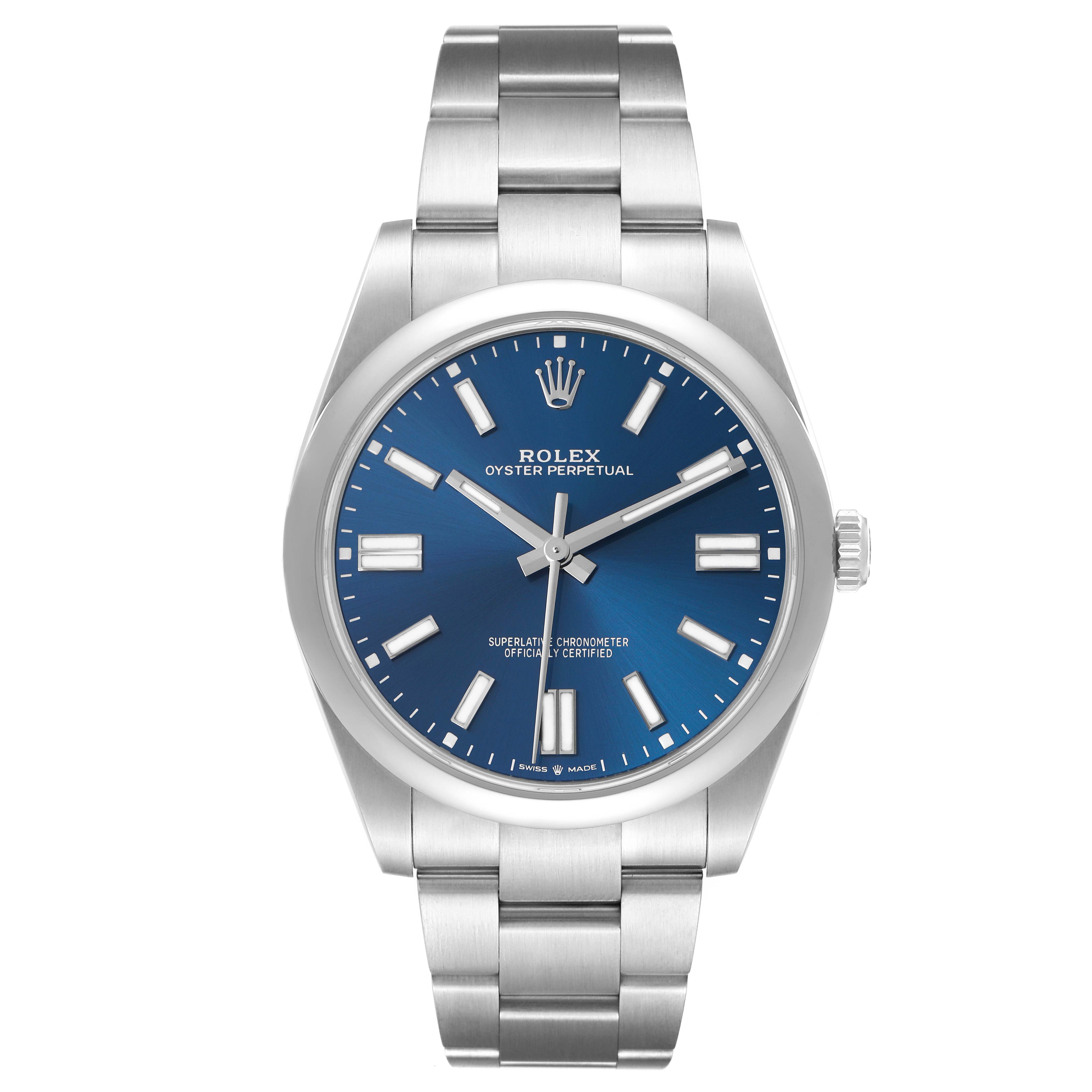 The Rolex Oyster Perpetual 124300 Men
s Stainless Steel Blue Dial 124300 Men
s Stainless Steel Blue Dial watch is shown from a top-down angle, displaying the blue dial, bracelet, and crown.