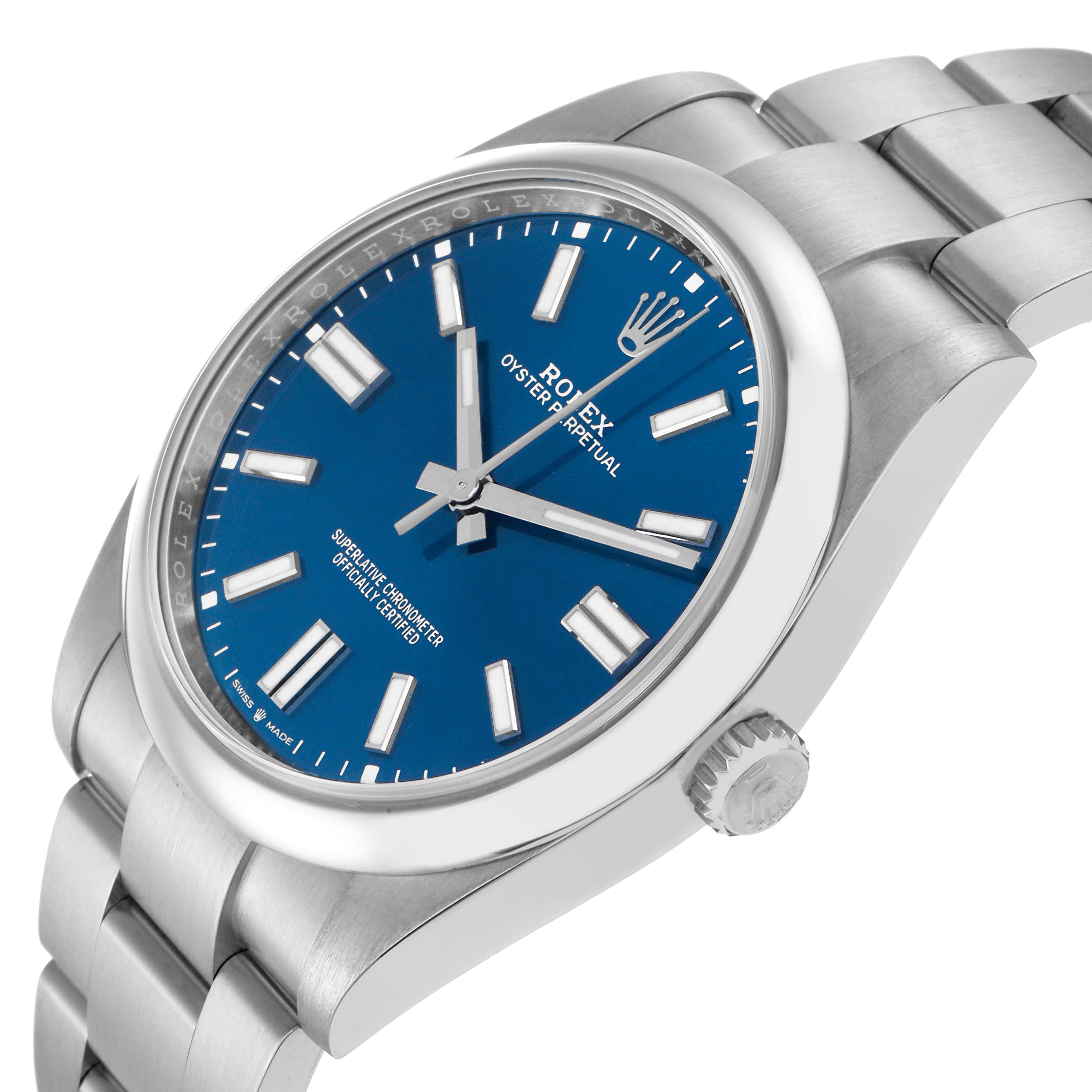 The Rolex Oyster Perpetual 124300 Men
s Stainless Steel Blue Dial 124300 Men
s Stainless Steel Blue Dial watch is shown from a side angle, highlighting the blue dial, bezel, crown, and part of the bracelet.