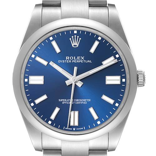 The Rolex Oyster Perpetual 124300 Men's Stainless Steel Blue Dial watch is shown from a front angle, featuring the blue dial, crown, and part of the bracelet.