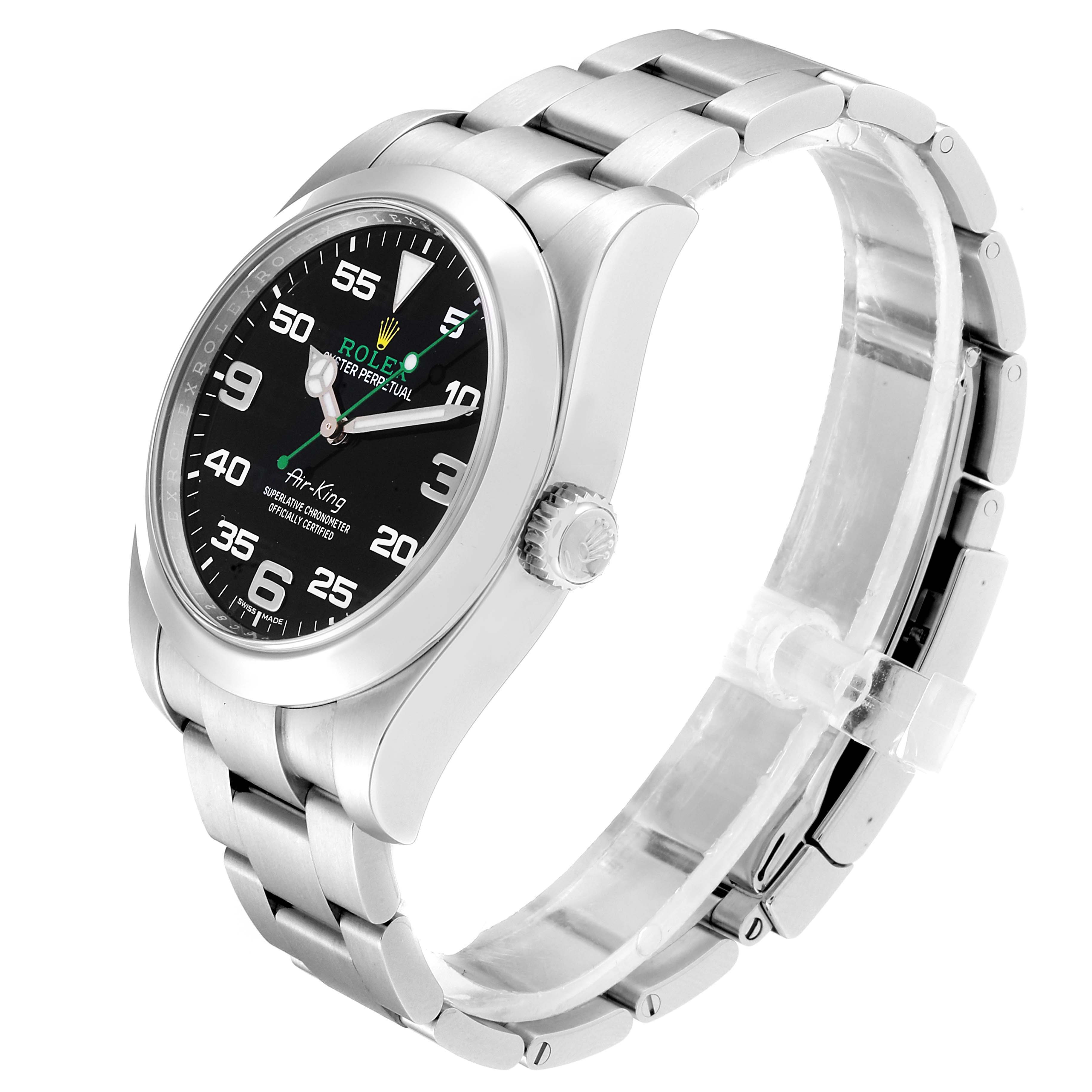 The image shows a Rolex Air-King 116900 Men's Stainless Steel Black Dial 116900 Men's Stainless Steel Black Dial model watch from a three-quarter angle, highlighting the face, bezel, crown, and bracelet.
