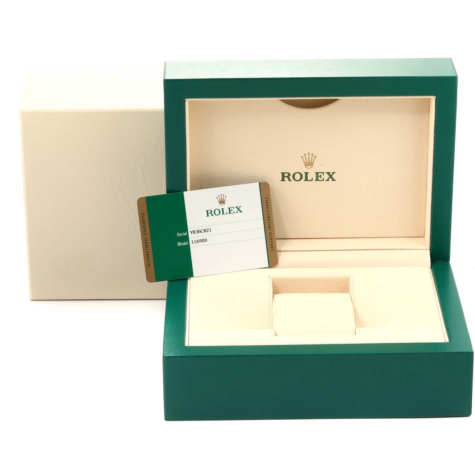 This image shows the packaging and warranty card for the Rolex Air-King 116900 Men's Stainless Steel Black Dial 116900 Men's Stainless Steel Black Dial model.
