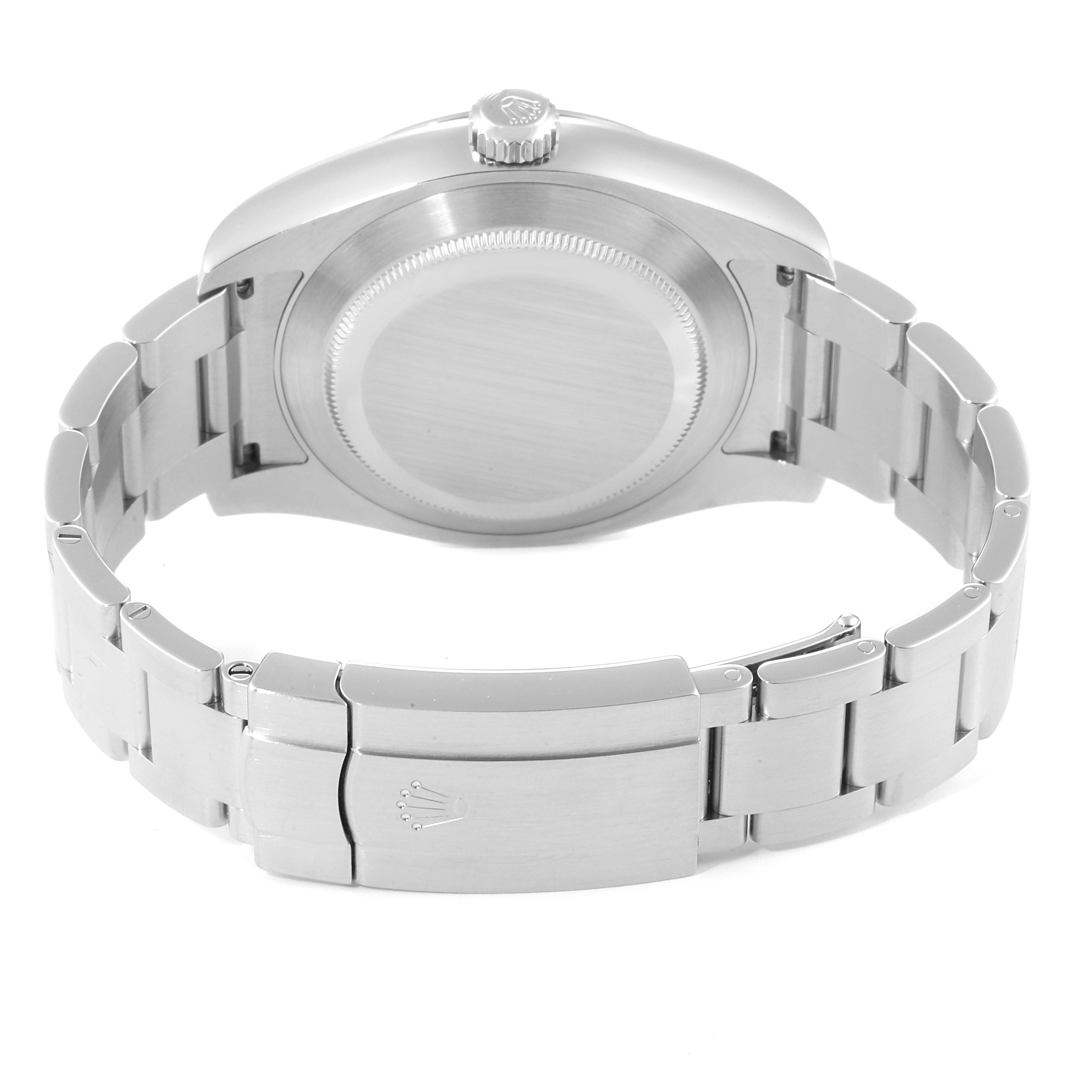 The image shows the back view of a Rolex Air-King 116900 Men's Stainless Steel Black Dial 116900 Men's Stainless Steel Black Dial watch, highlighting its case back, crown, and bracelet clasp.