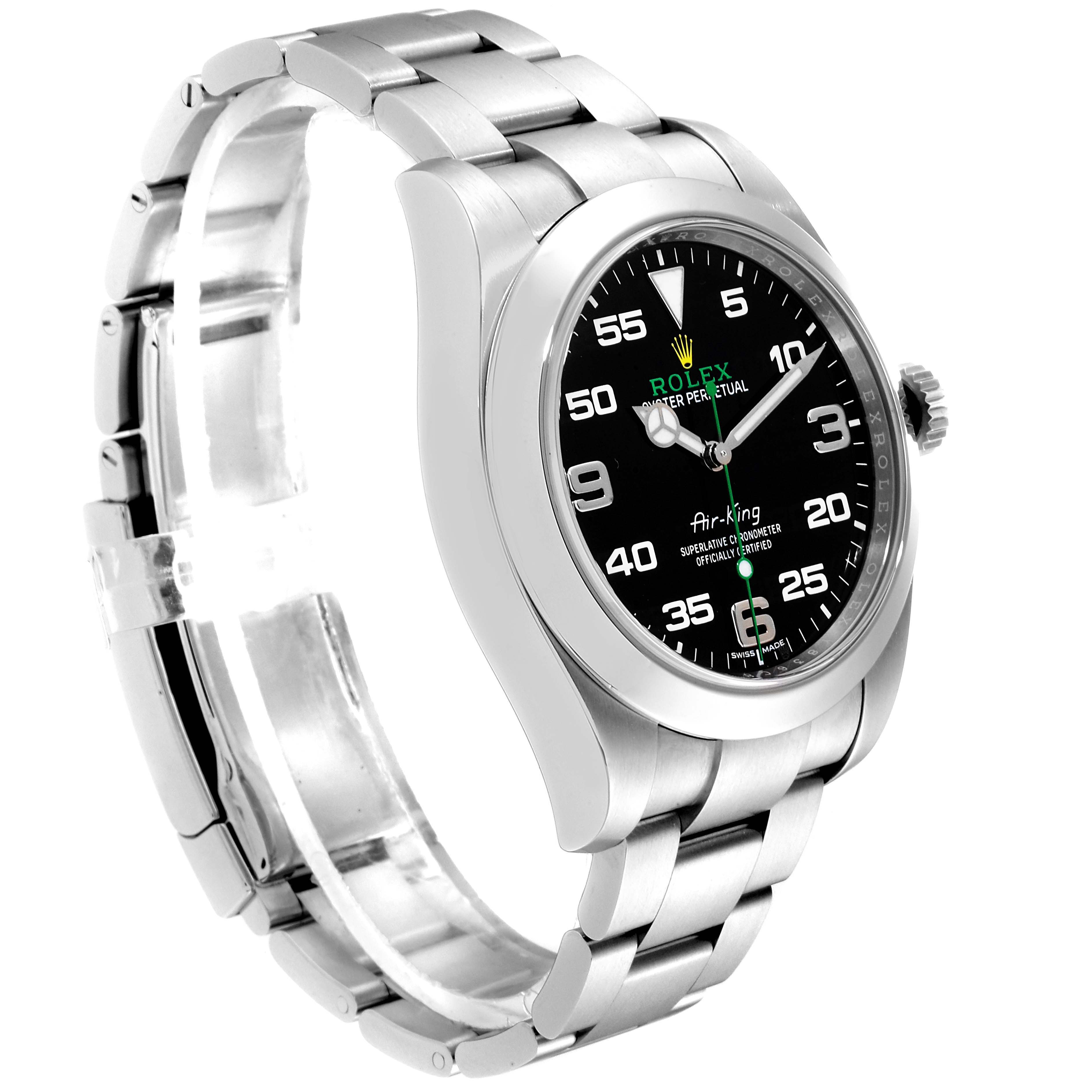 The Rolex Air-King 116900 Men's Stainless Steel Black Dial 116900 Men's Stainless Steel Black Dial model is shown at a slight angle displaying its face, bracelet, and side view of the case.