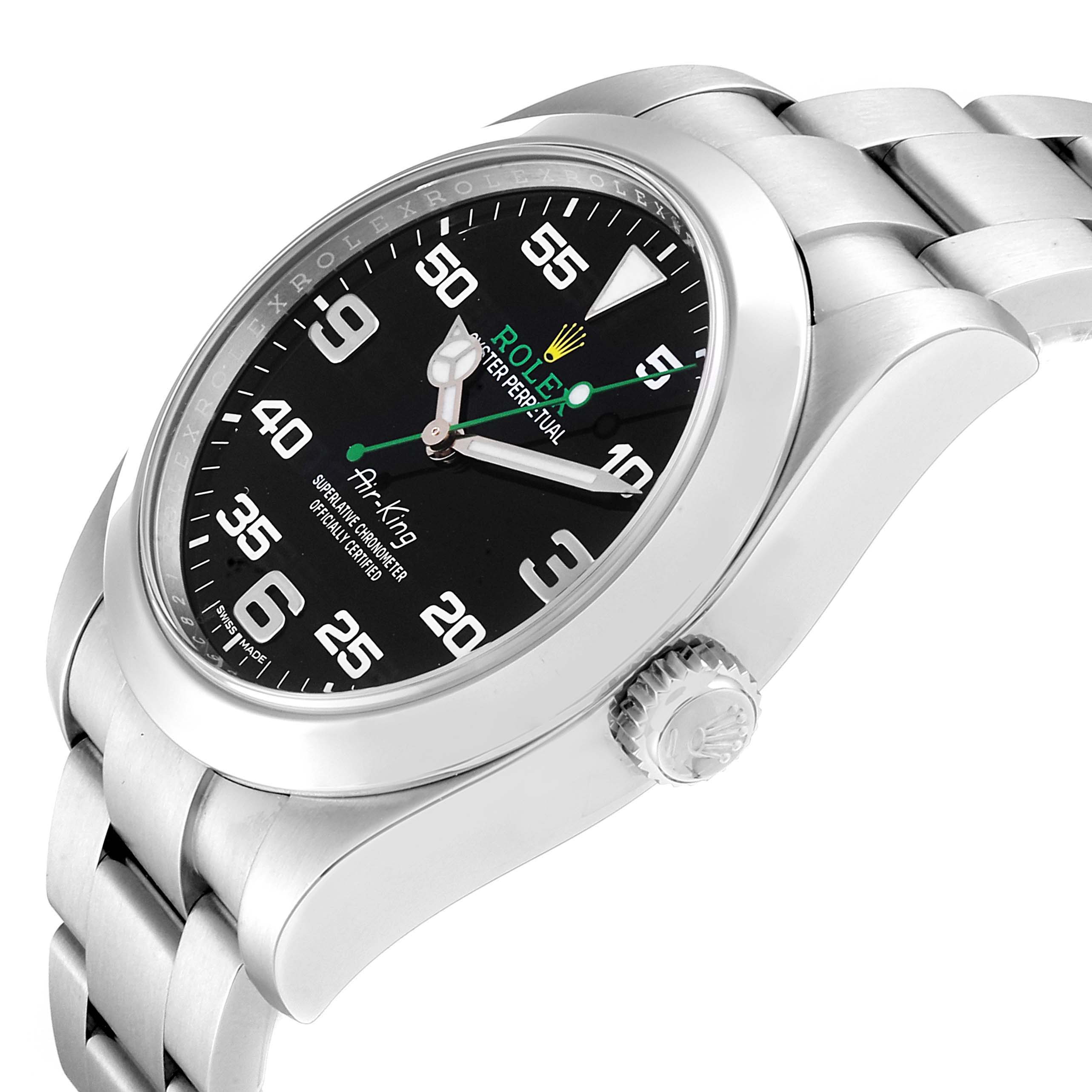 The image shows a Rolex Air-King 116900 Men's Stainless Steel Black Dial 116900 Men's Stainless Steel Black Dial watch at a three-quarter angle, highlighting the bezel, crown, and bracelet.