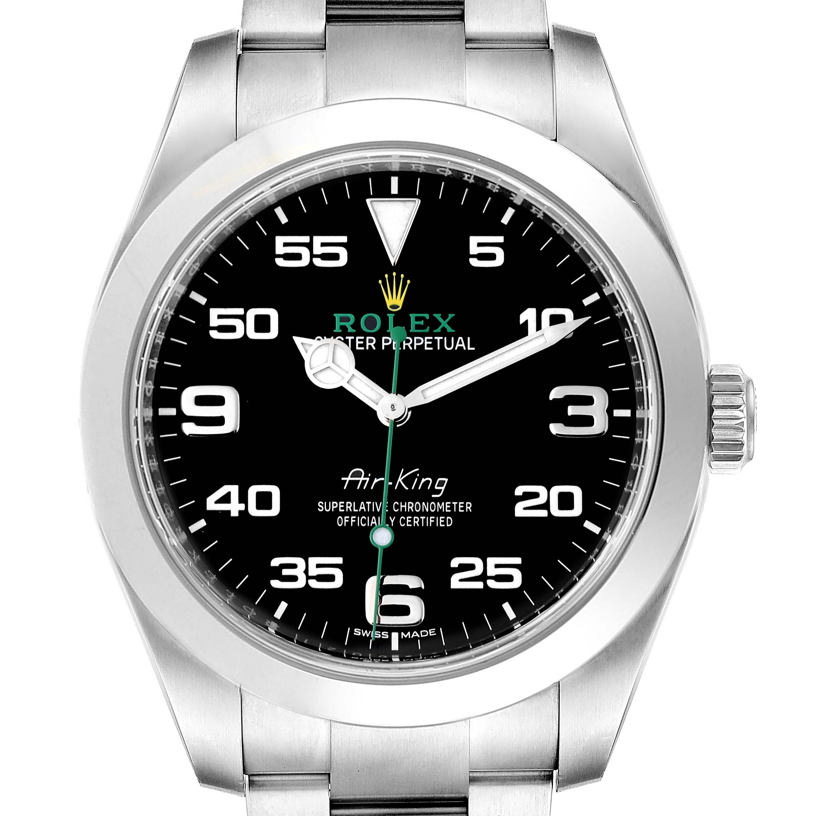 The image shows a front view of the Rolex Air-King 116900 Men's Stainless Steel Black Dial 116900 Men's Stainless Steel Black Dial watch, displaying the dial, bezel, crown, and part of the bracelet.