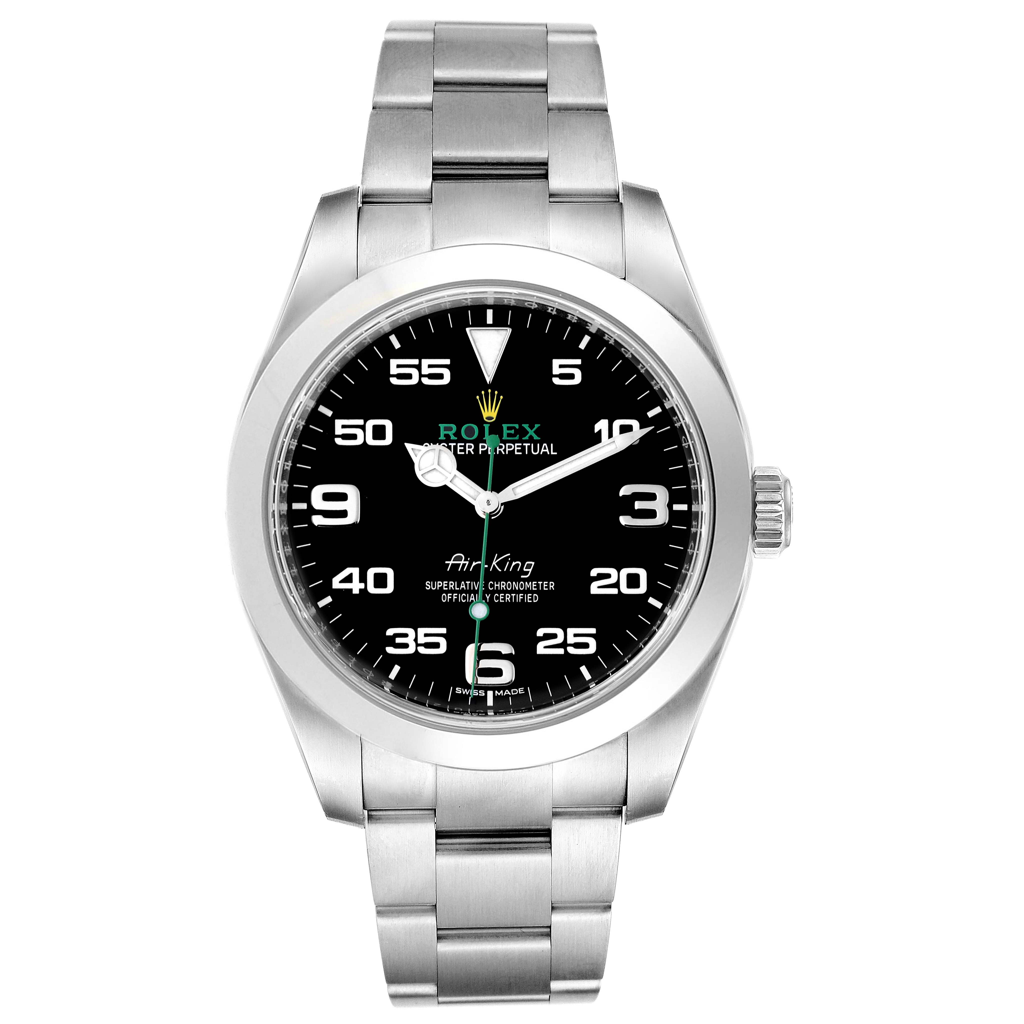 The image shows a front view of the Rolex Air-King 116900 Men's Stainless Steel Black Dial 116900 Men's Stainless Steel Black Dial watch, highlighting its black dial, silver case, and bracelet.