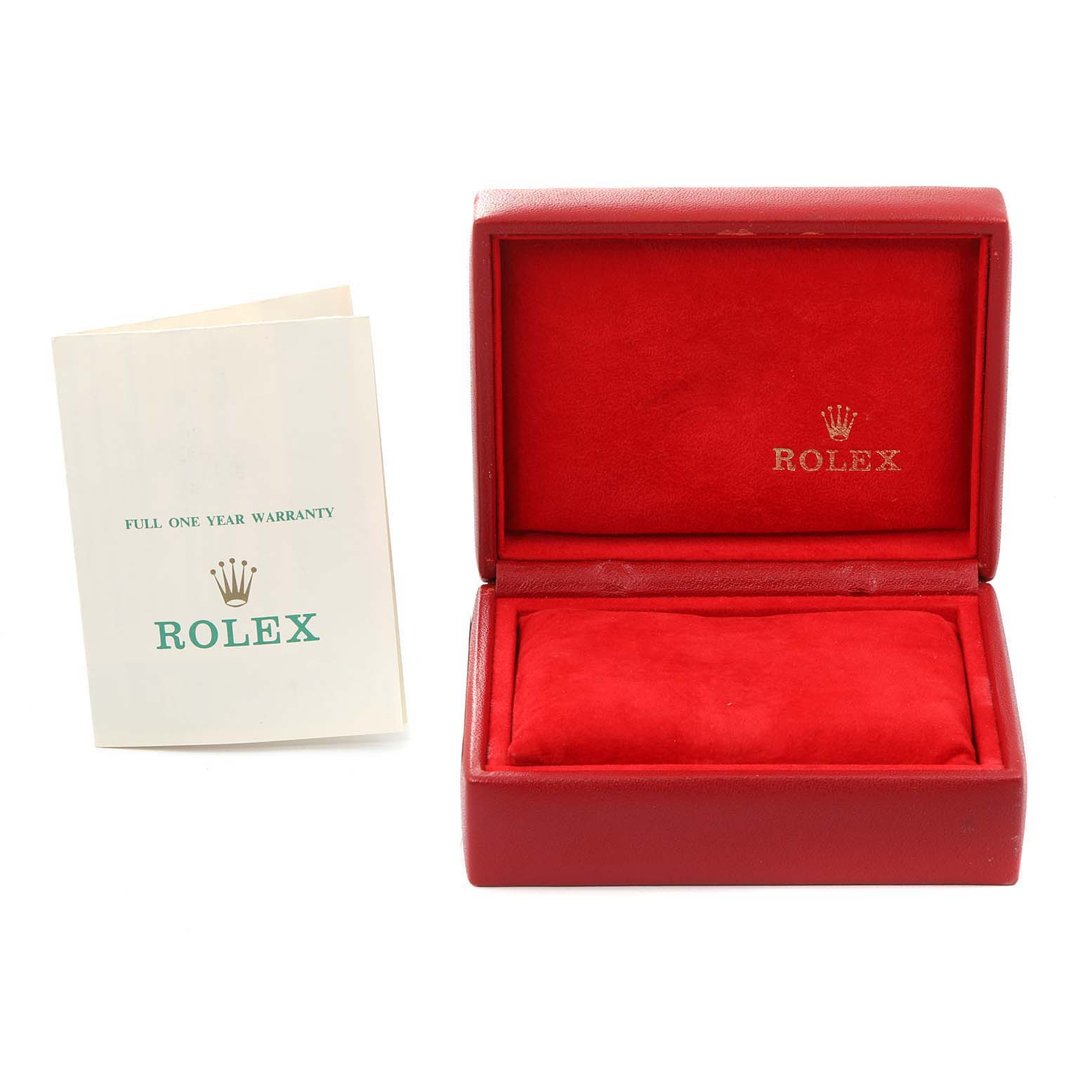 This image shows the red case and warranty booklet for a Rolex Oyster Perpetual 67180 Women's Stainless Steel Pink Dial 67180 Women's Stainless Steel Pink Dial watch.