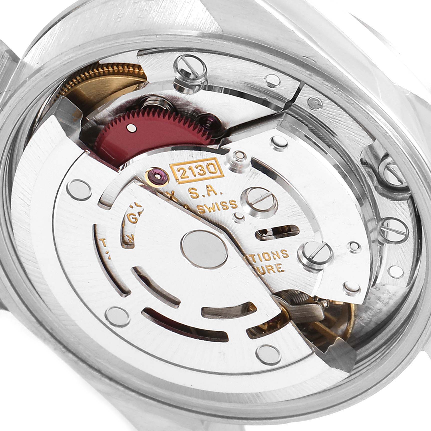 This is the back view of a Rolex Oyster Perpetual 67180 Women's Stainless Steel Pink Dial 67180 Women's Stainless Steel Pink Dial watch showing its internal mechanism and movement components.