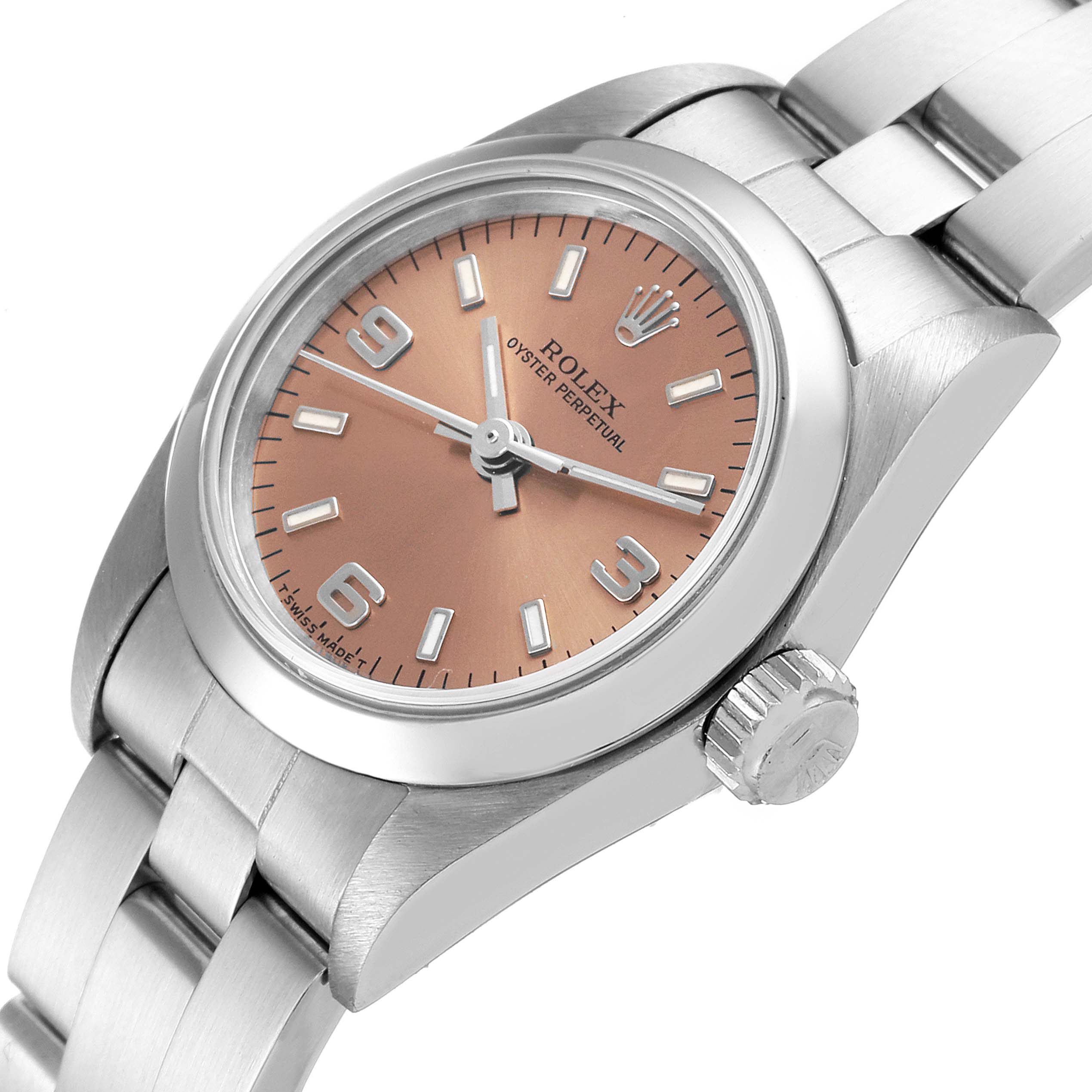 The image shows the face, crown, and part of the bracelet of a Rolex Oyster Perpetual 67180 Women's Stainless Steel Pink Dial 67180 Women's Stainless Steel Pink Dial watch from a side angle.