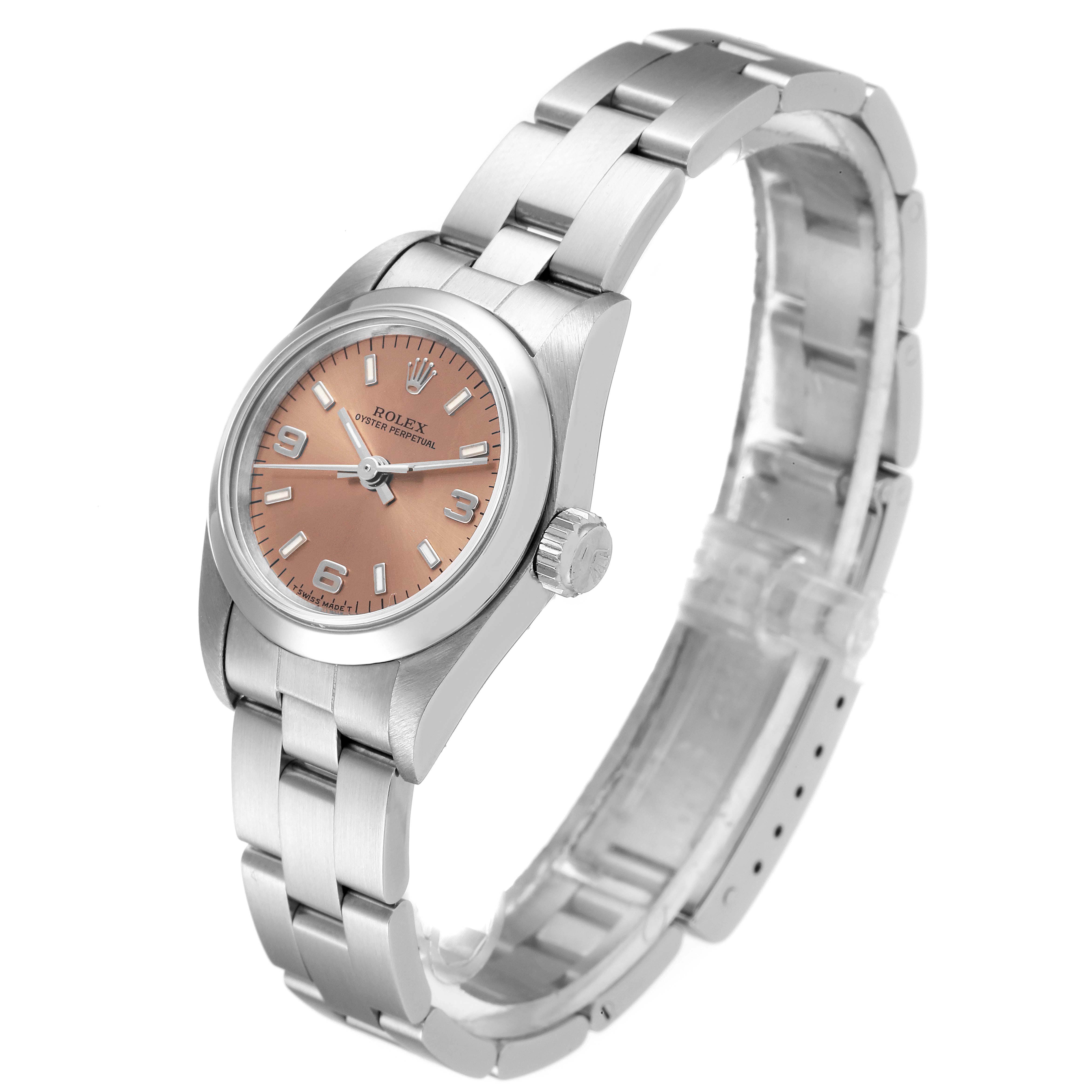 The image shows a Rolex Oyster Perpetual 67180 Women's Stainless Steel Pink Dial 67180 Women's Stainless Steel Pink Dial watch with a side view highlighting the face, bezel, crown, and bracelet.
