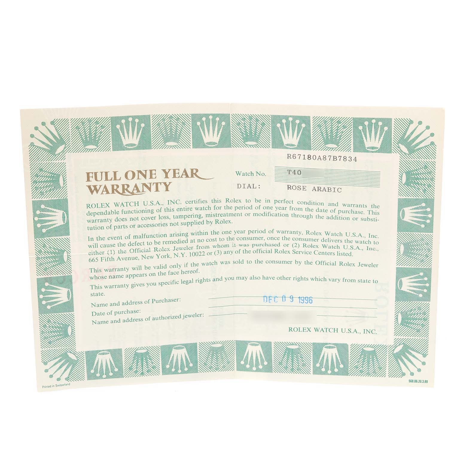 The image shows a full one-year warranty card for the Rolex Oyster Perpetual 67180 Women's Stainless Steel Pink Dial 67180 Women's Stainless Steel Pink Dial watch.