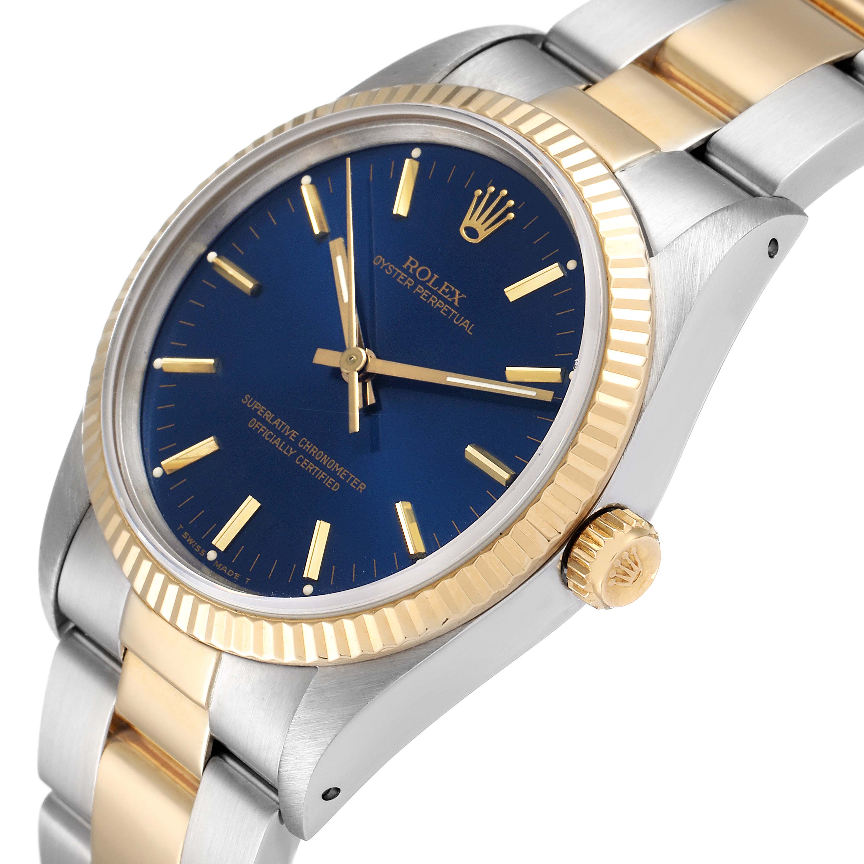 The image shows a side view of a Rolex Oyster Perpetual 14233 Men's Steel and Gold (two tone) Blue Dial 14233 Men's Steel and Gold (two tone) Blue Dial watch, highlighting the gold fluted bezel and stainless steel bracelet with gold center links.