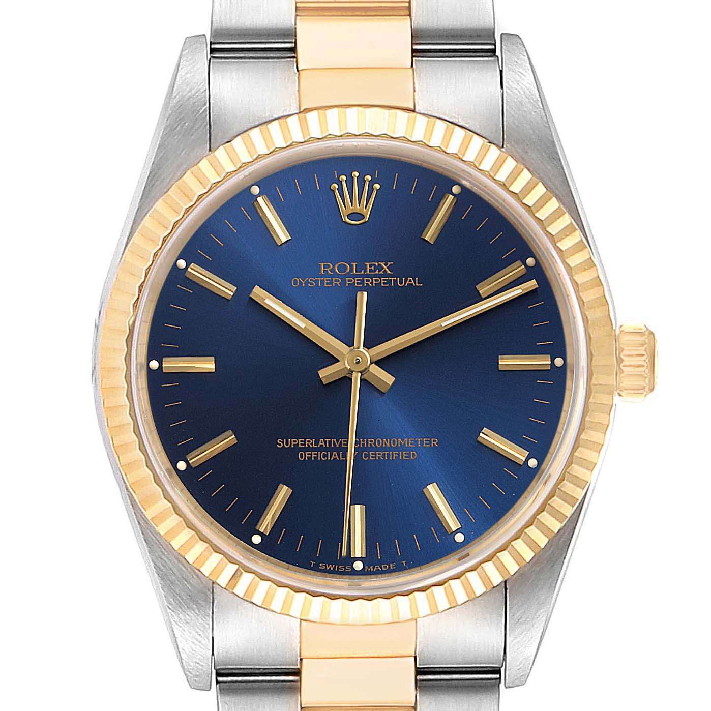 This image shows a front view of a Rolex Oyster Perpetual 14233 Men's Steel and Gold (two tone) Blue Dial 14233 Men's Steel and Gold (two tone) Blue Dial watch, highlighting its blue dial, gold bezel, and two-tone bracelet.