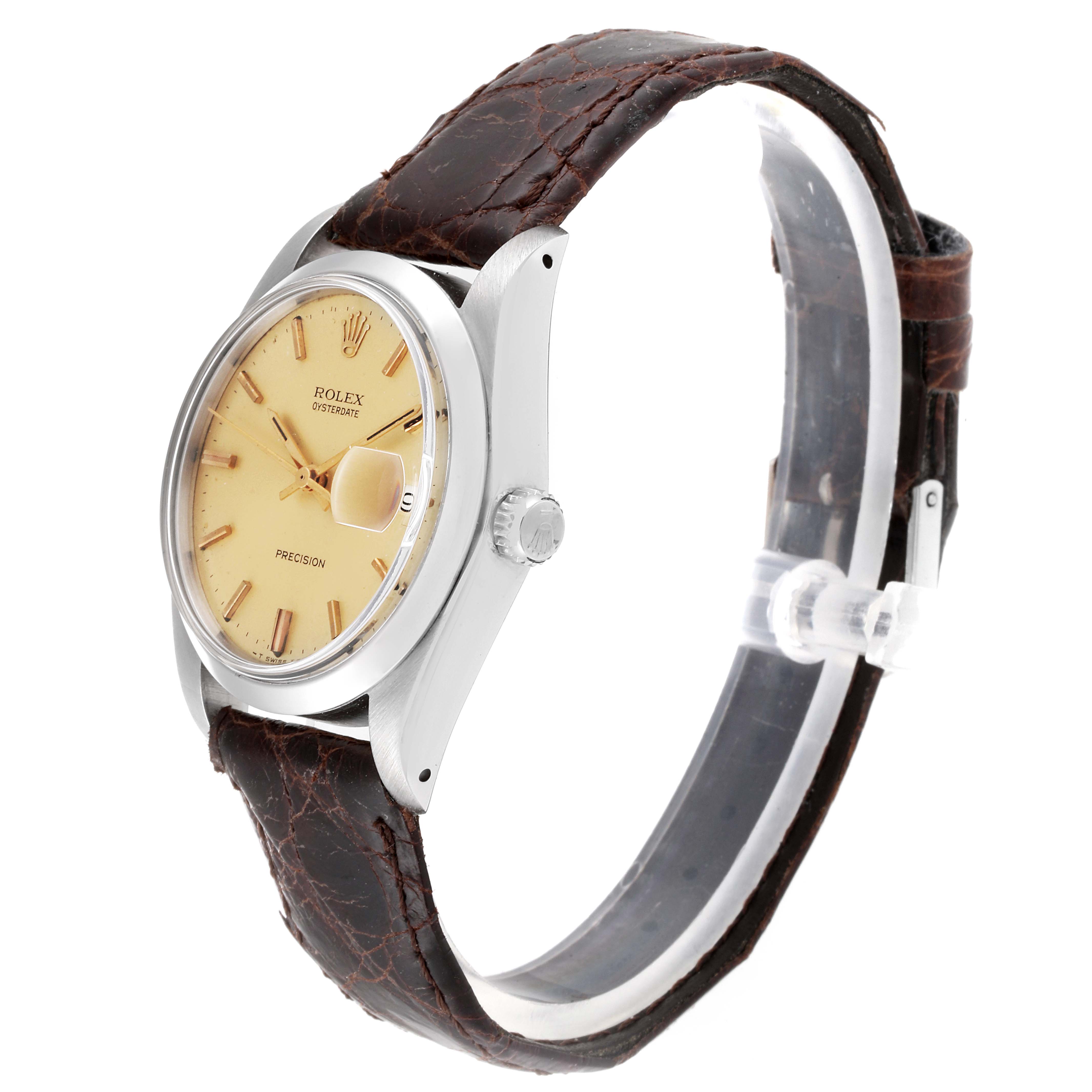 The watch, a Vintage Collection model by Rolex, is shown at a side angle displaying the face, crown, and brown leather strap.