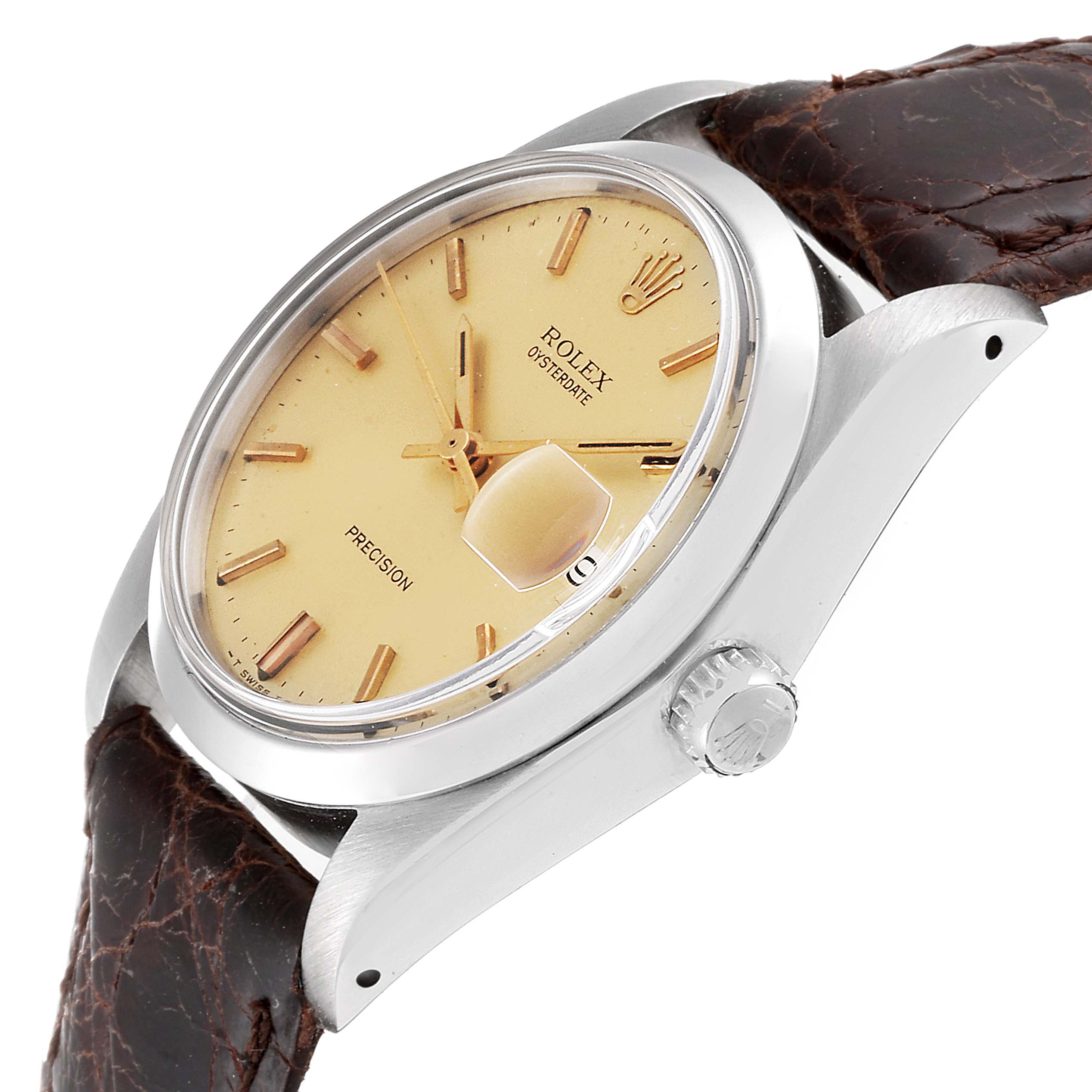 The image shows a side and partial top view of the Rolex Vintage Collection 6694 Men's Stainless Steel Champagne Dial 6694 Men's Stainless Steel Champagne Dial watch, highlighting the face, bezel, crown, and leather strap.