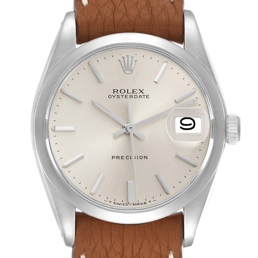 The Rolex Date 6694 Men's Stainless Steel Silver Dial model is shown from a direct front angle, displaying the dial, bezel, crown, and part of the strap.