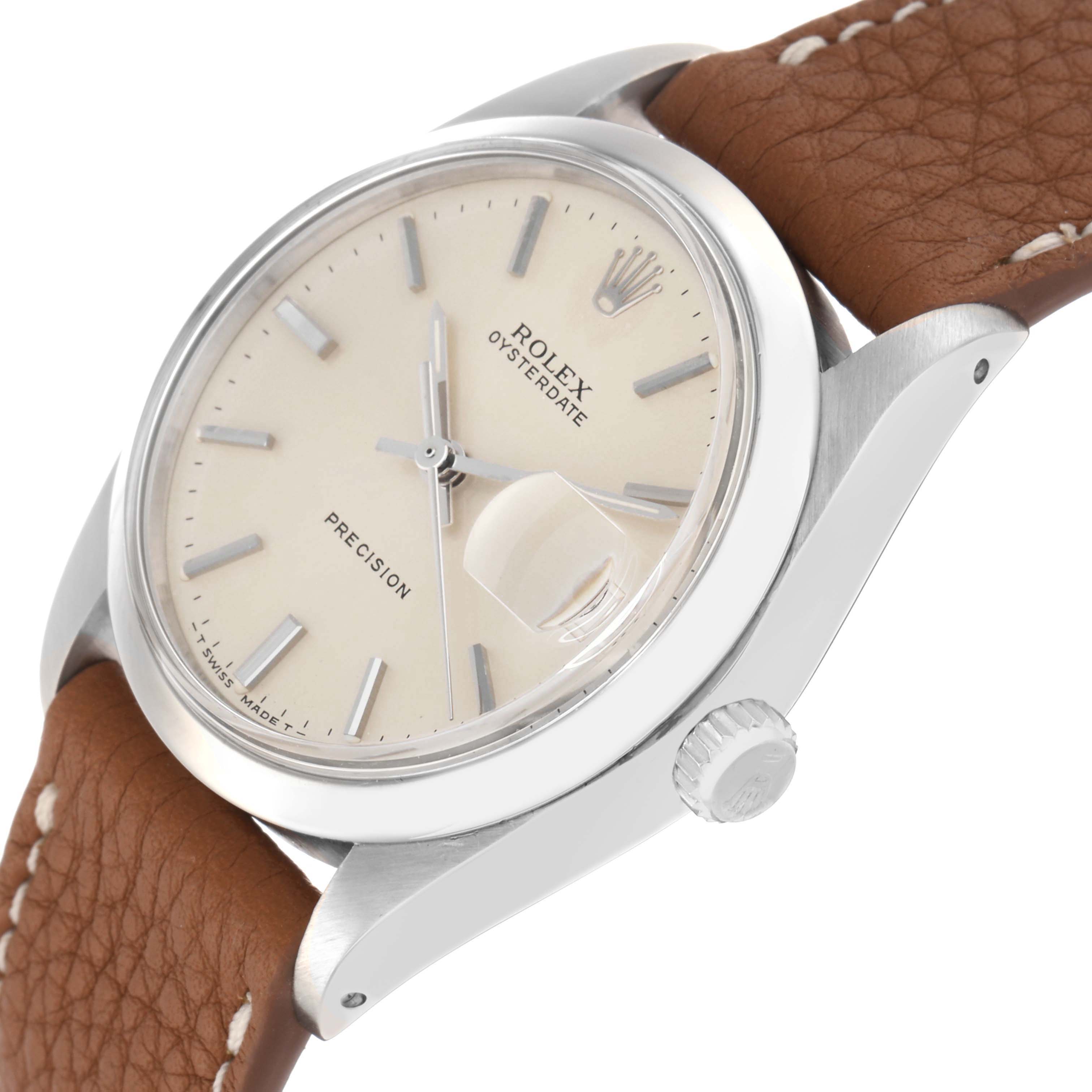 The Rolex Date 6694 Men
s Stainless Steel Silver Dial 6694 Men
s Stainless Steel Silver Dial model watch is shown at an angle highlighting the face, case, crown, and leather strap.