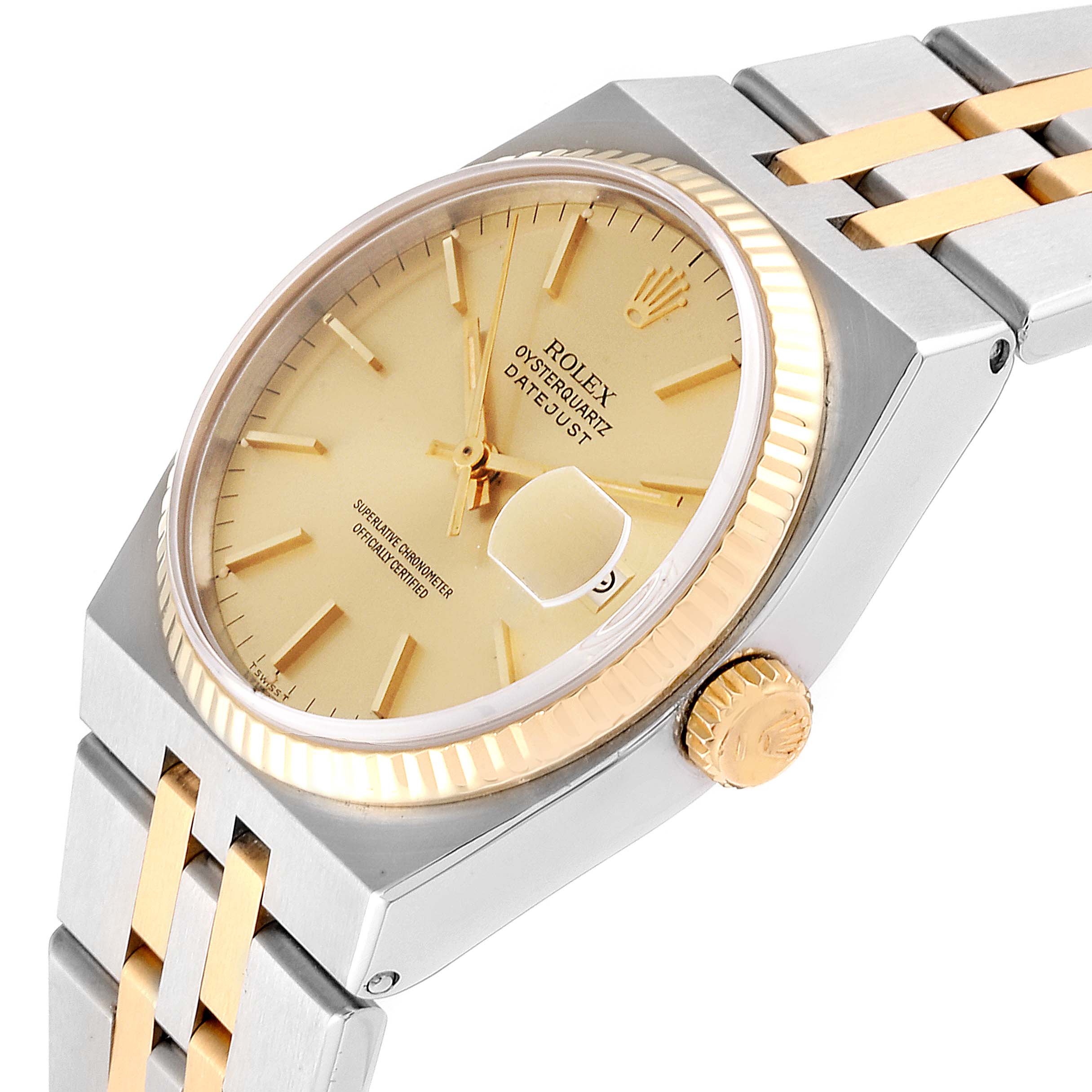 The image shows a Rolex Oysterquartz 17013 Men
s Steel and Gold (two tone) Champagne Dial 17013 Men
s Steel and Gold (two tone) Champagne Dial watch from an angled top view, featuring its bezel, dial, crown, and part of the bracelet.