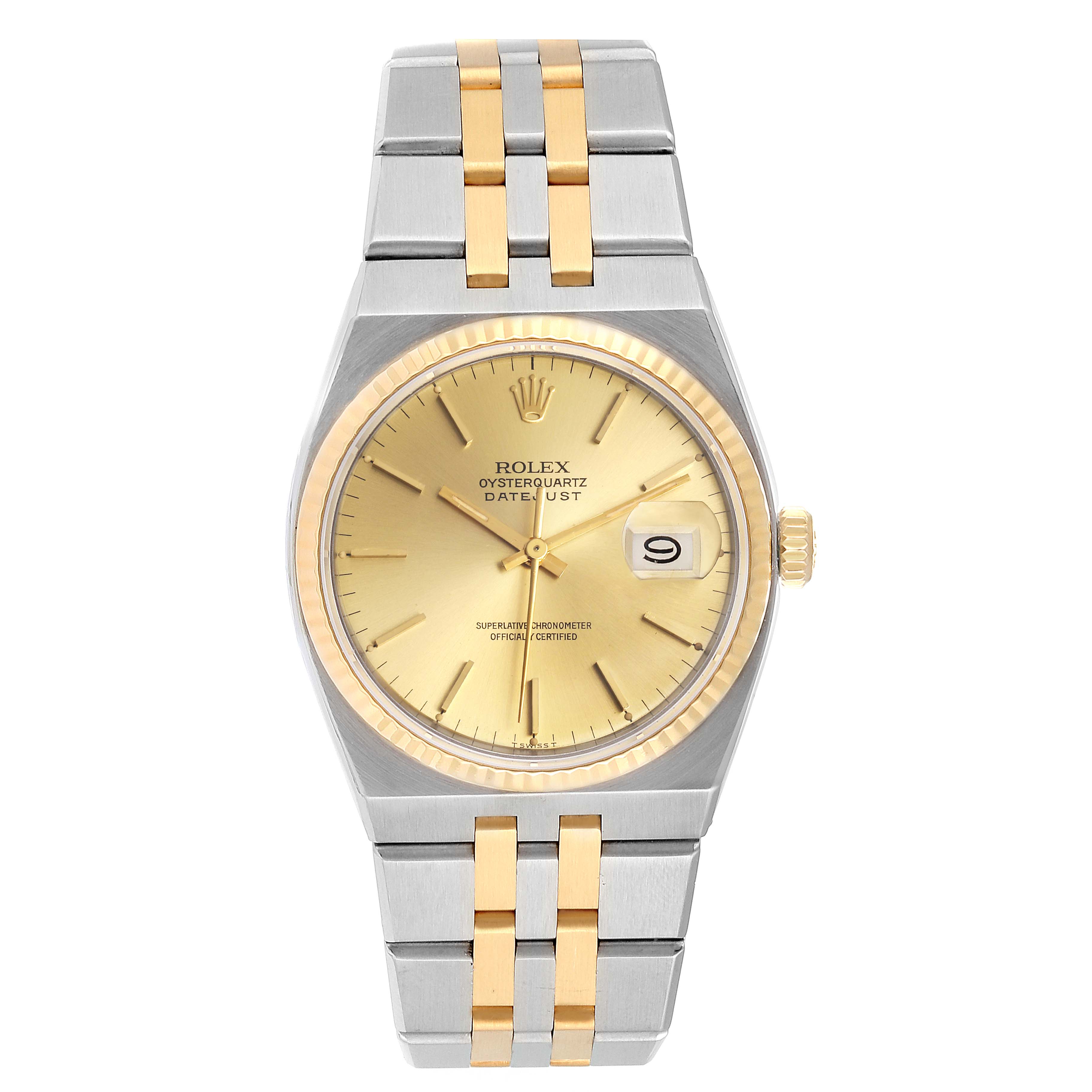 The image shows a frontal view of the Rolex Oysterquartz 17013 Men
s Steel and Gold (two tone) Champagne Dial 17013 Men
s Steel and Gold (two tone) Champagne Dial watch, highlighting its dial, bezel, case, and two-tone bracelet.