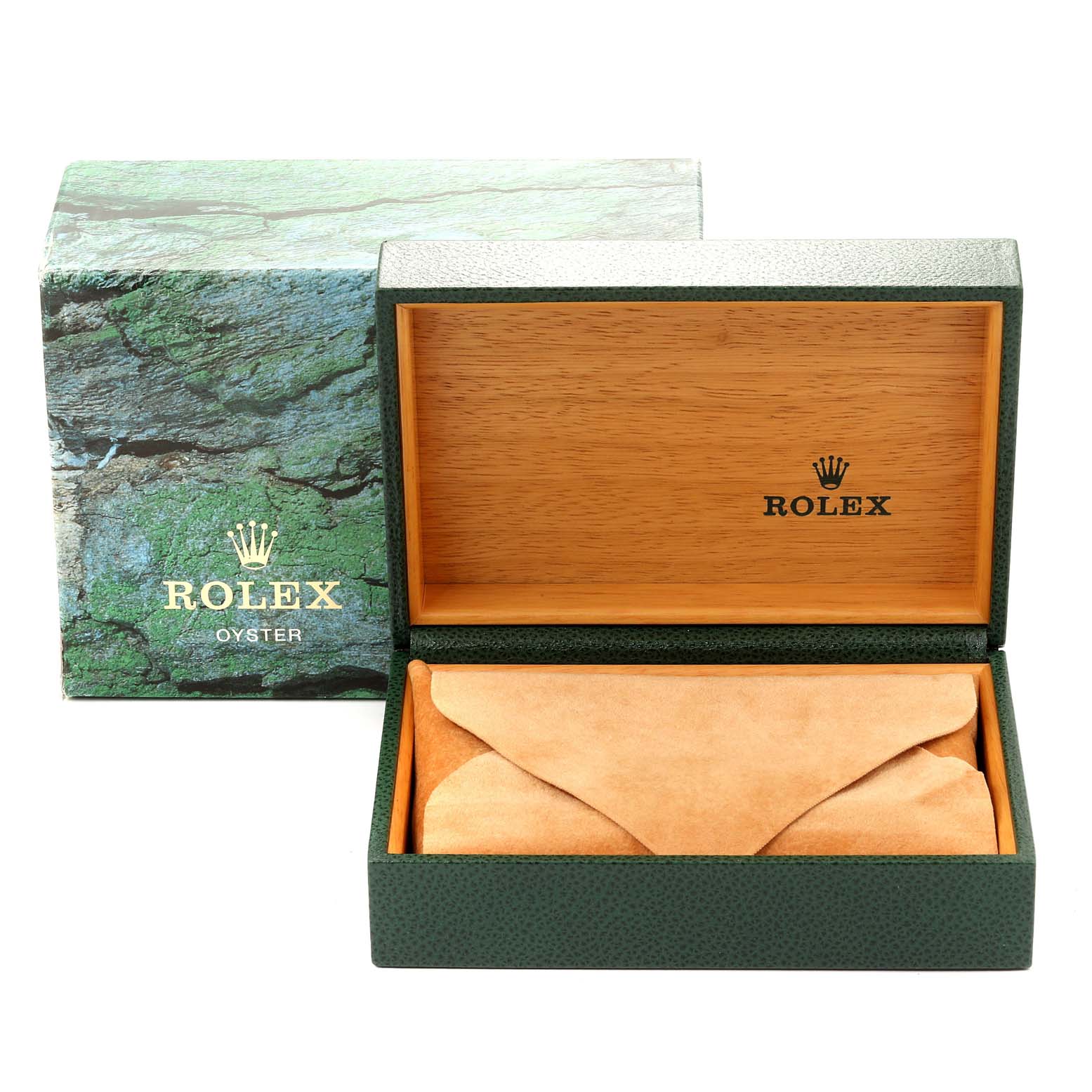 The image shows the packaging box for a Rolex Oysterquartz 17013 Men
s Steel and Gold (two tone) Champagne Dial 17013 Men
s Steel and Gold (two tone) Champagne Dial watch, seen from a front angle with the box open and an inner pouch visible.