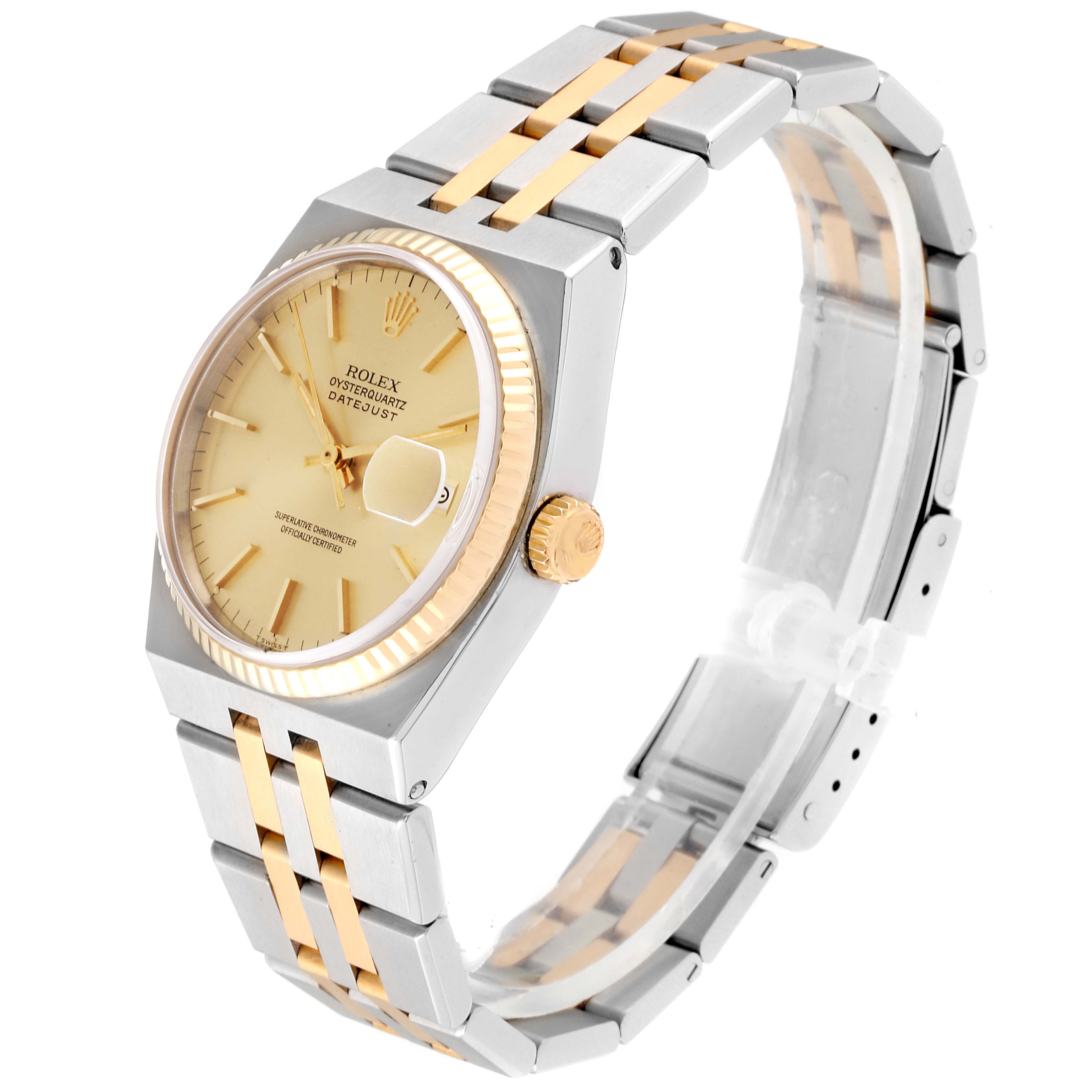 The Rolex Oysterquartz 17013 Men
s Steel and Gold (two tone) Champagne Dial 17013 Men
s Steel and Gold (two tone) Champagne Dial watch is shown at a three-quarter angle, highlighting the dial, crown, and band.