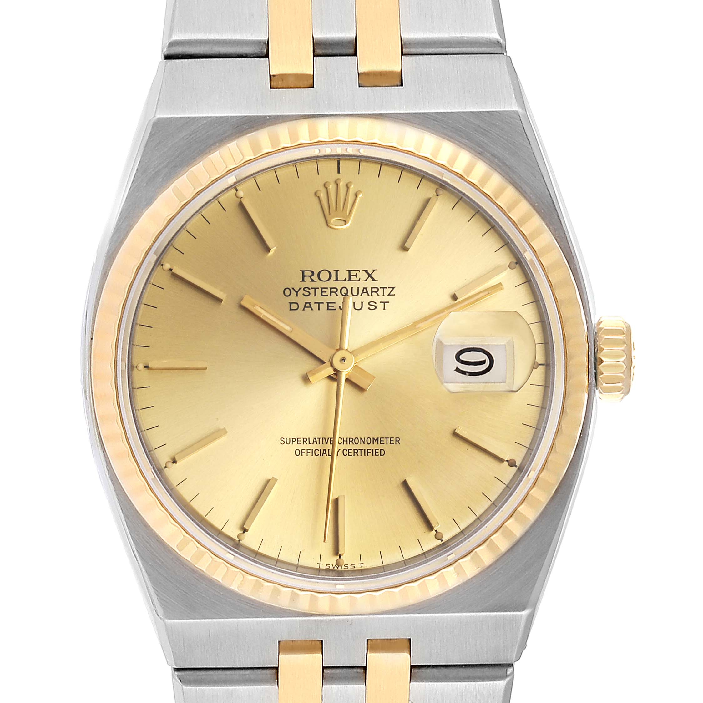The image shows a frontal view of the Rolex Oysterquartz 17013 Men
s Steel and Gold (two tone) Champagne Dial 17013 Men
s Steel and Gold (two tone) Champagne Dial watch, highlighting its dial, bezel, and part of the bracelet.