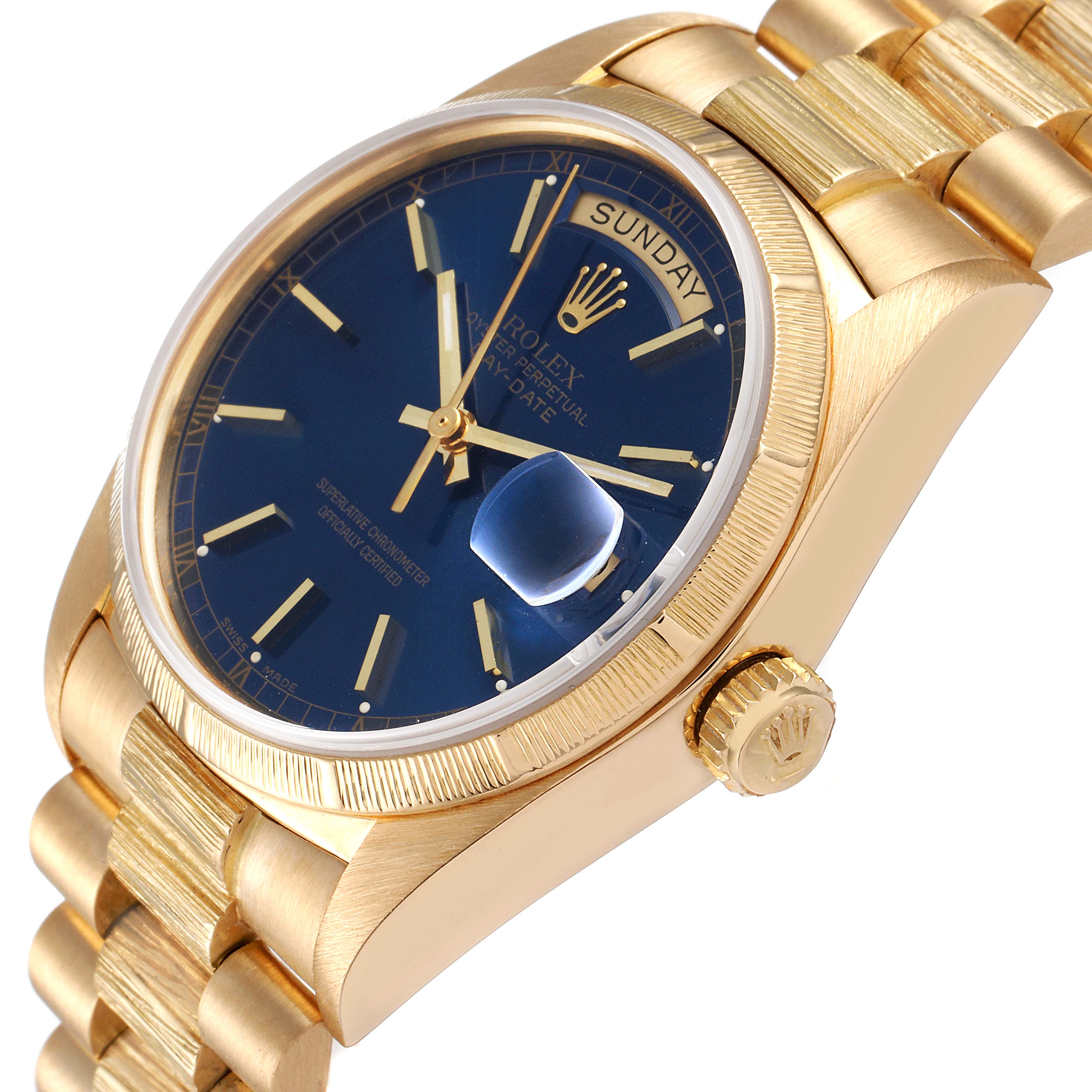 The image shows a side angle of the Rolex President 18078 Men's Yellow Gold Blue Dial 18078 Men's Yellow Gold Blue Dial watch, highlighting the gold case, blue dial, day-date complication, and bracelet.