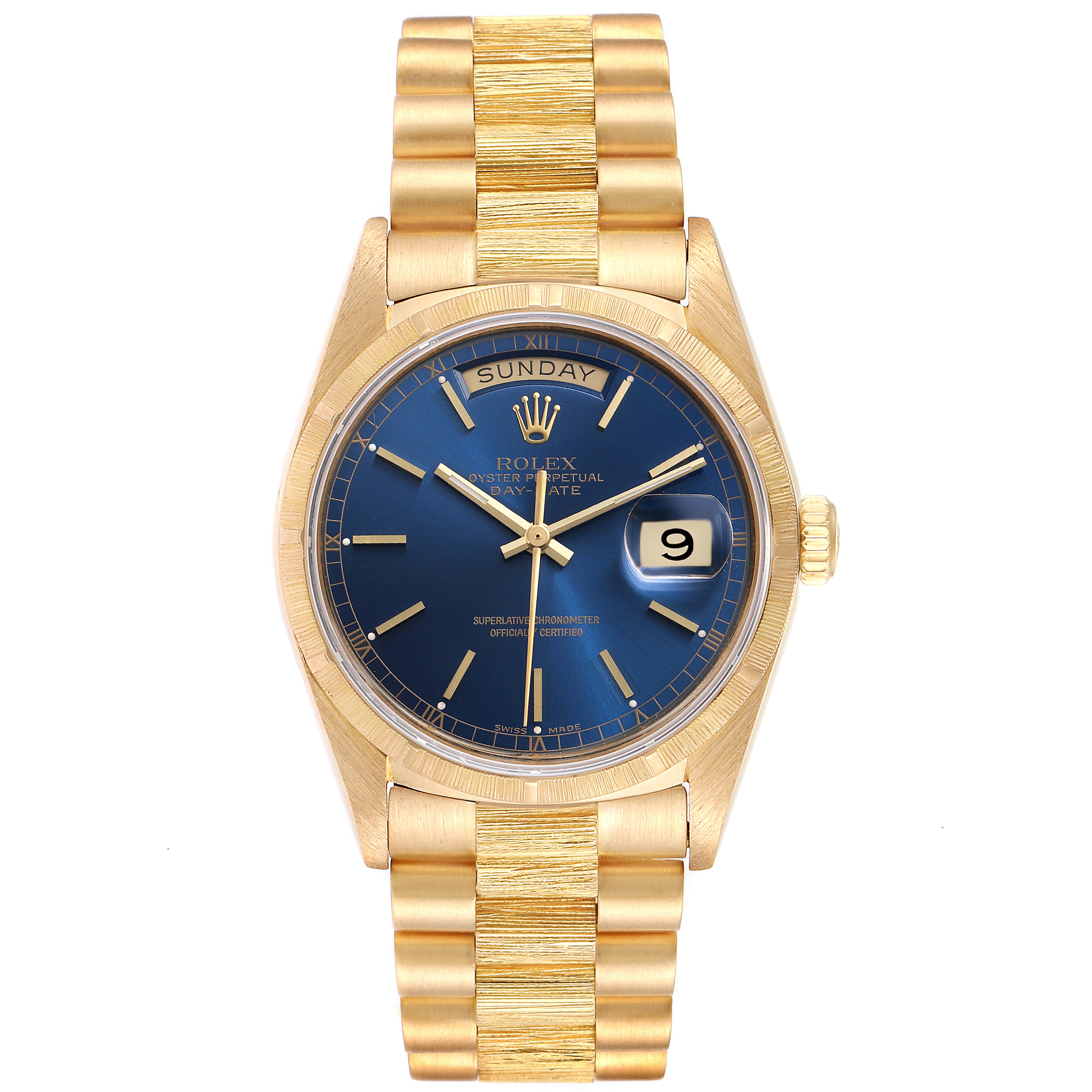The image shows a front view of a Rolex President 18078 Men's Yellow Gold Blue Dial 18078 Men's Yellow Gold Blue Dial model watch, featuring a blue dial, gold case, and bracelet.