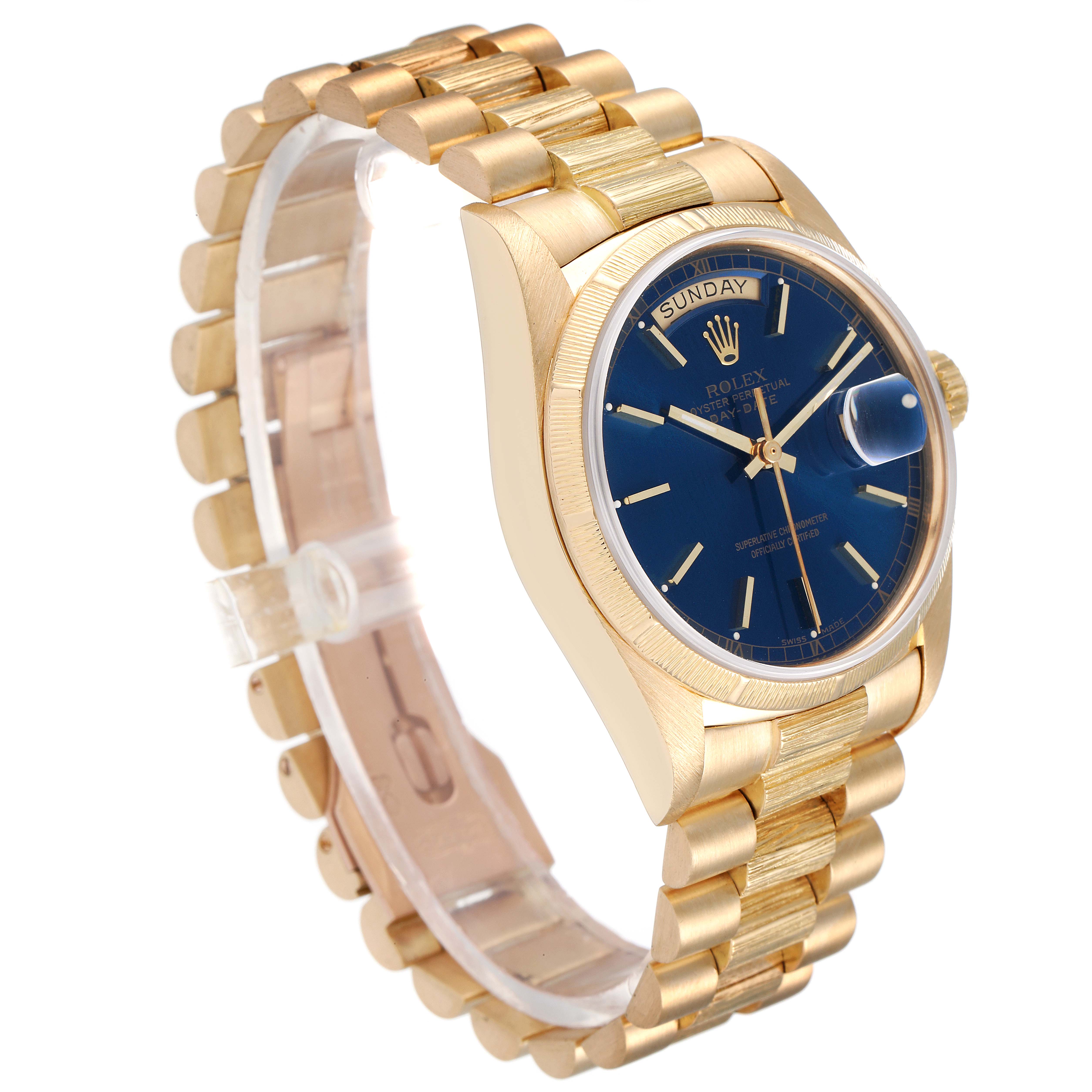 The image shows a side angle of a Rolex President 18078 Men's Yellow Gold Blue Dial 18078 Men's Yellow Gold Blue Dial watch, highlighting the gold bracelet and blue dial.