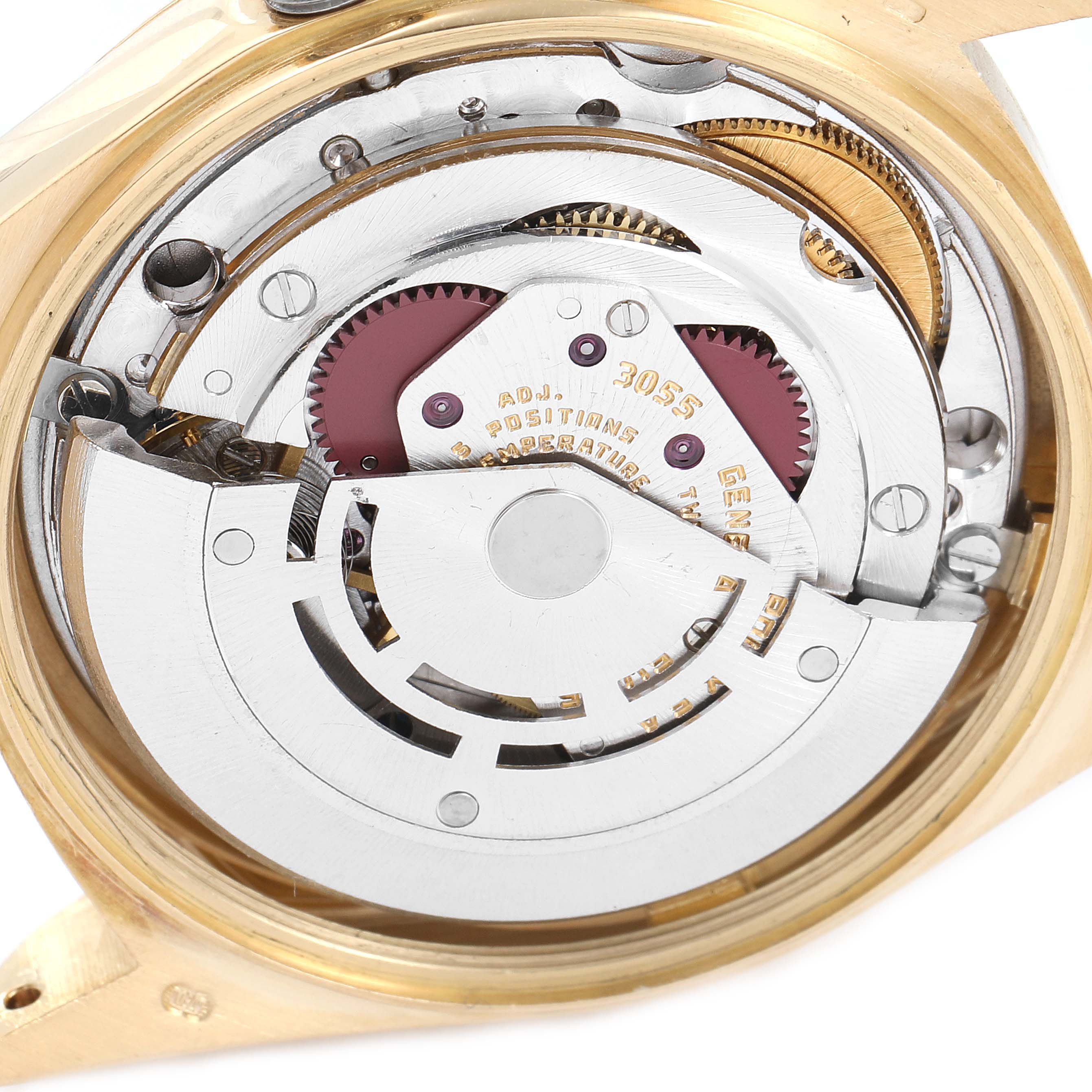 This image shows the internal mechanism and movement of a Rolex President 18078 Men's Yellow Gold Blue Dial 18078 Men's Yellow Gold Blue Dial model watch from a close-up angle.