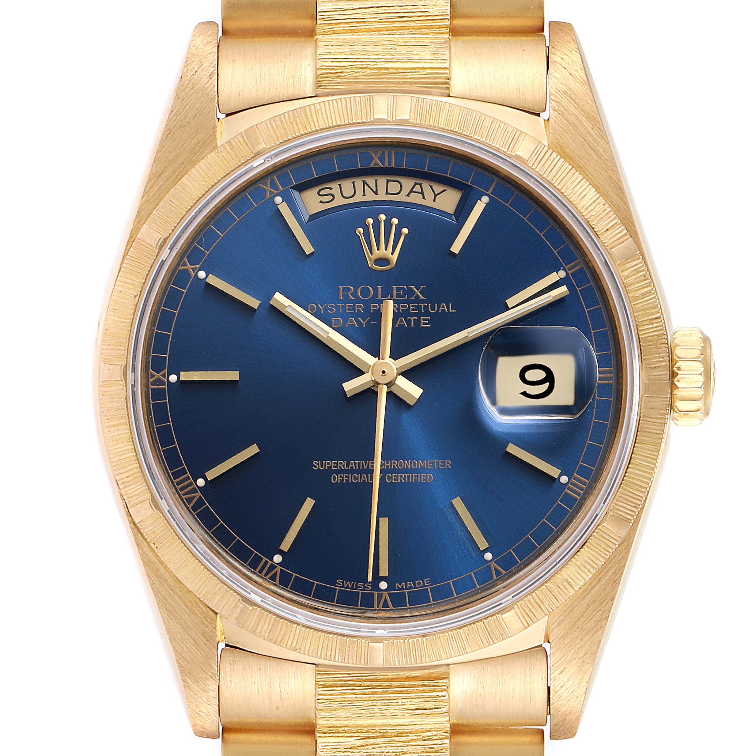 The image shows a frontal view of the Rolex President 18078 Men's Yellow Gold Blue Dial 18078 Men's Yellow Gold Blue Dial Day-Date watch featuring a blue dial and gold band.