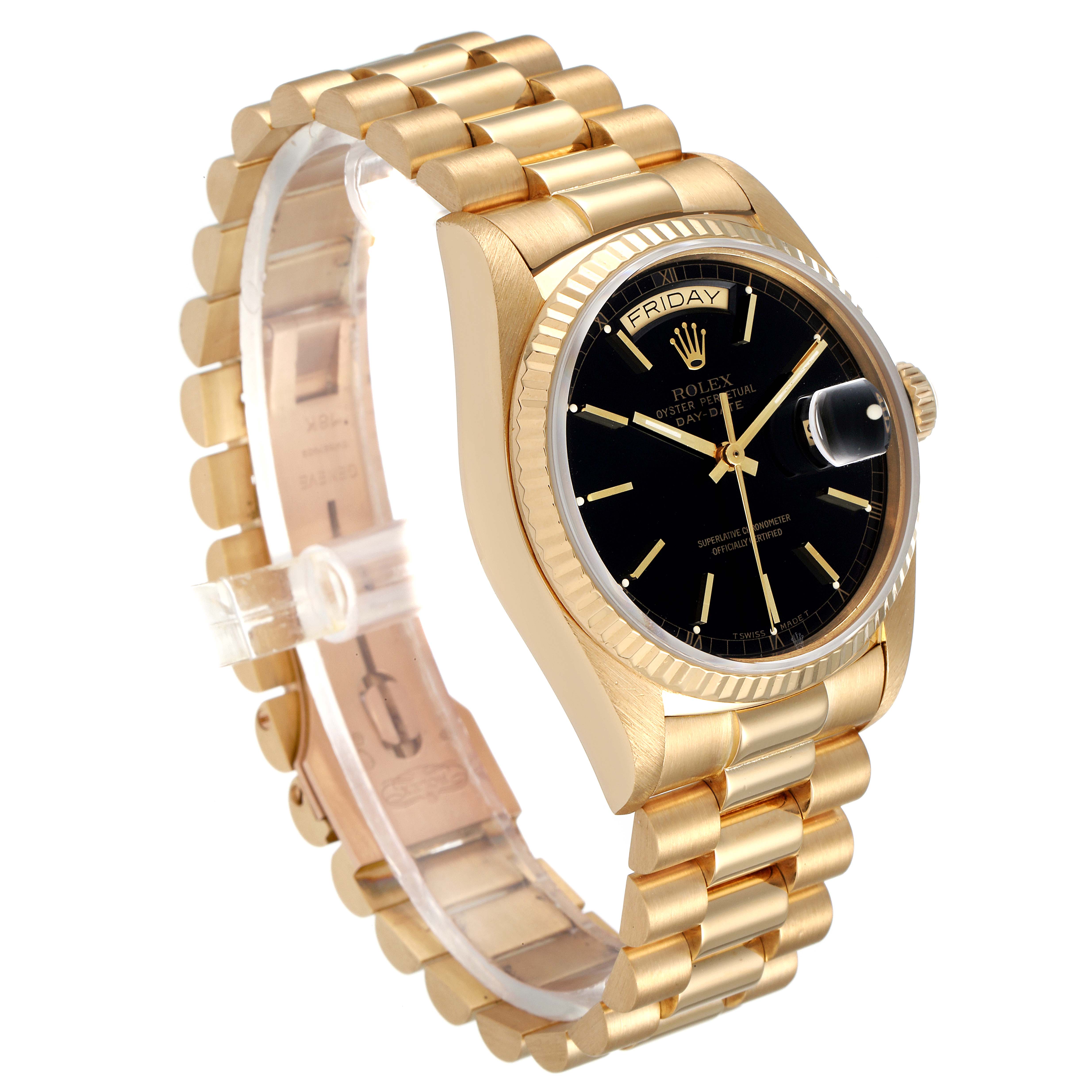 This image shows a side angle of the Rolex President 18038 Men's Yellow Gold Black Dial 18038 Men's Yellow Gold Black Dial model watch in gold with a black dial and gold bracelet.