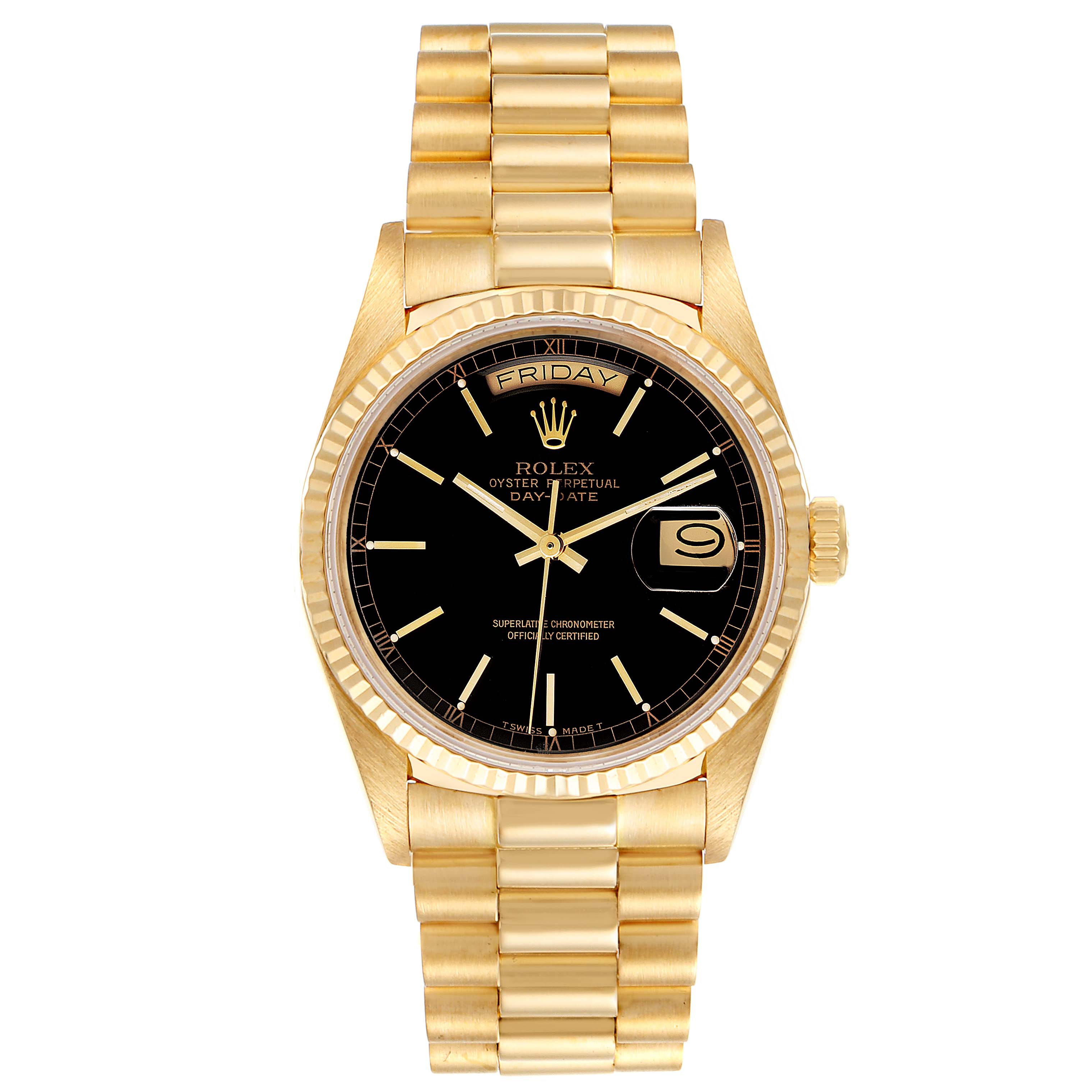 This image shows a front view of the Rolex President 18038 Men's Yellow Gold Black Dial 18038 Men's Yellow Gold Black Dial model, highlighting its gold band, black dial, day, and date features.