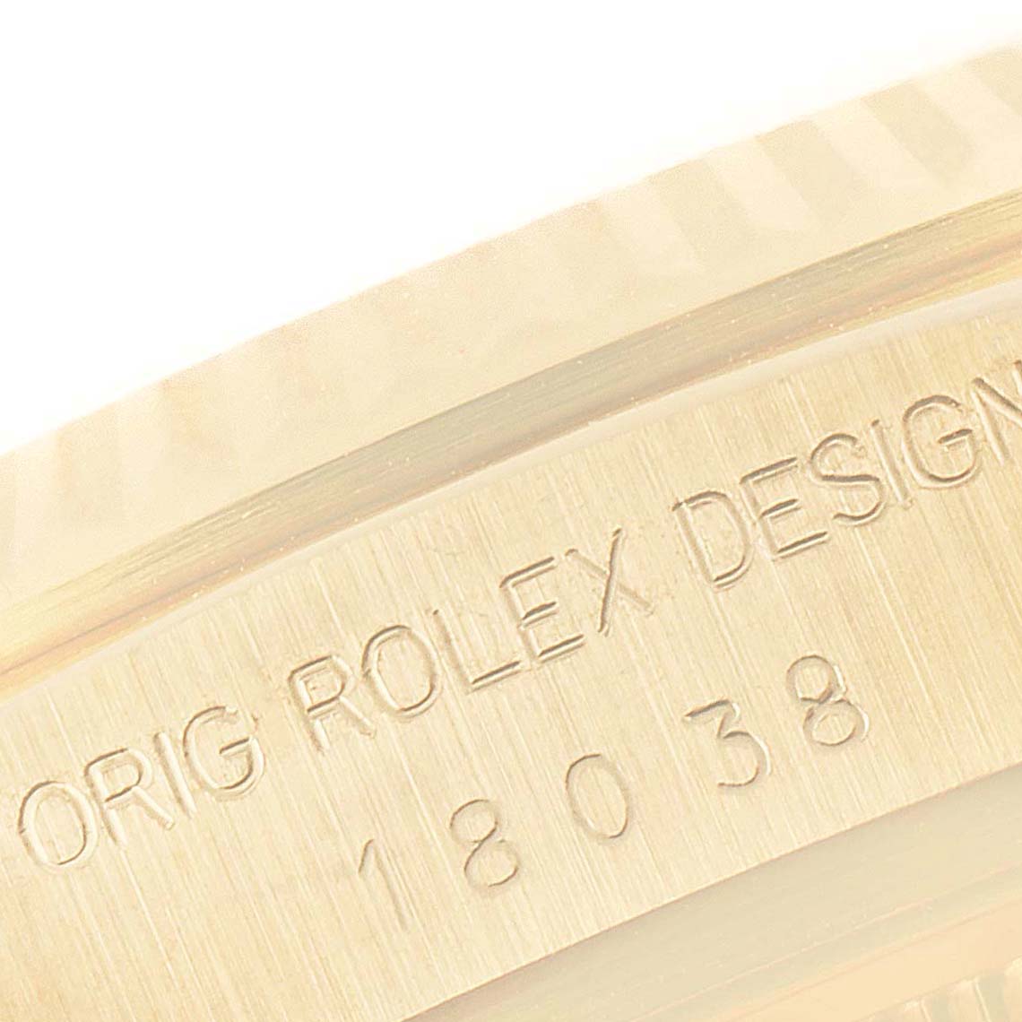 The image shows a close-up of the caseback engraving on a Rolex President 18038 Men's Yellow Gold Black Dial 18038 Men's Yellow Gold Black Dial model watch.