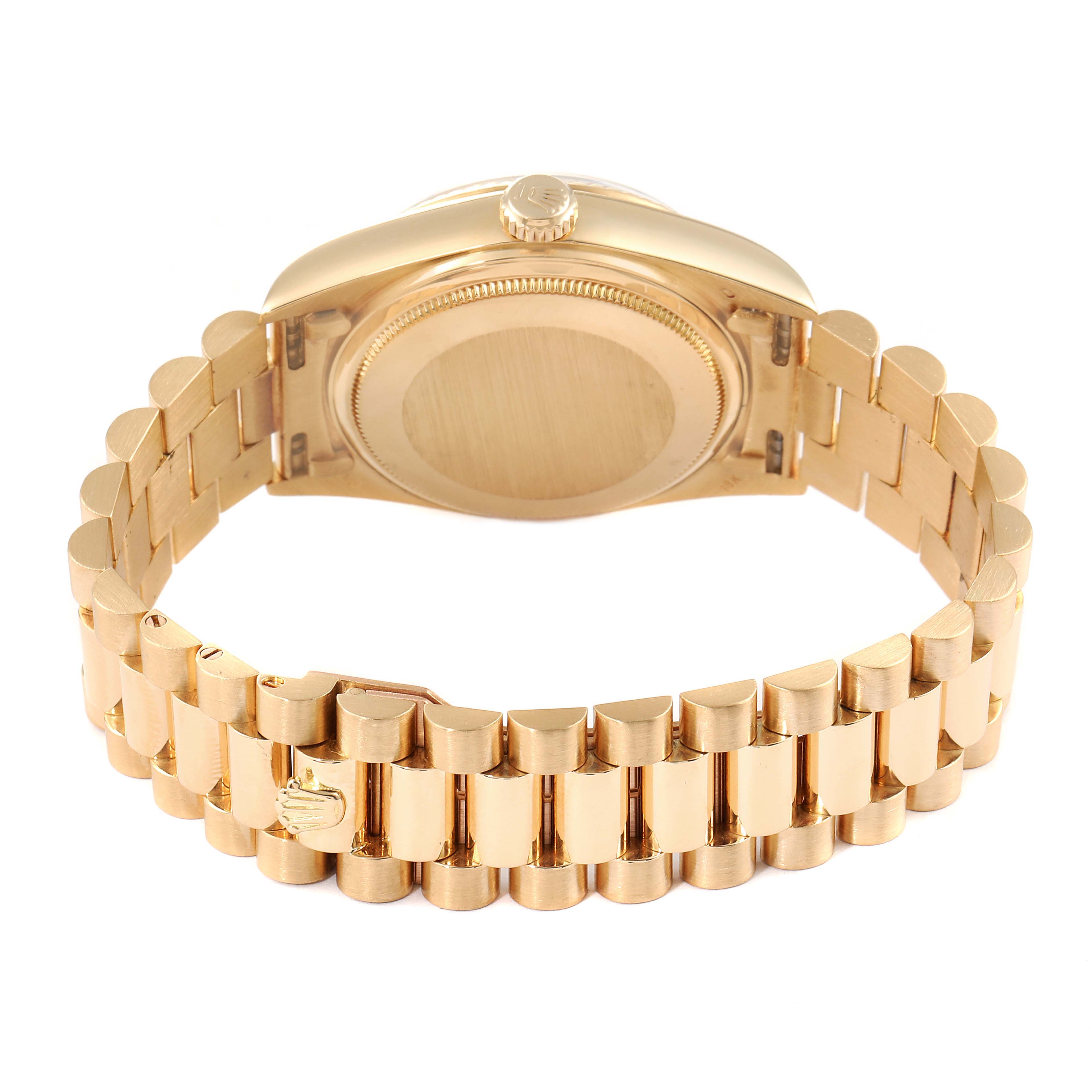 The image shows the back and bracelet of a Rolex President 18038 Men's Yellow Gold Black Dial 18038 Men's Yellow Gold Black Dial model watch, viewed from the rear.