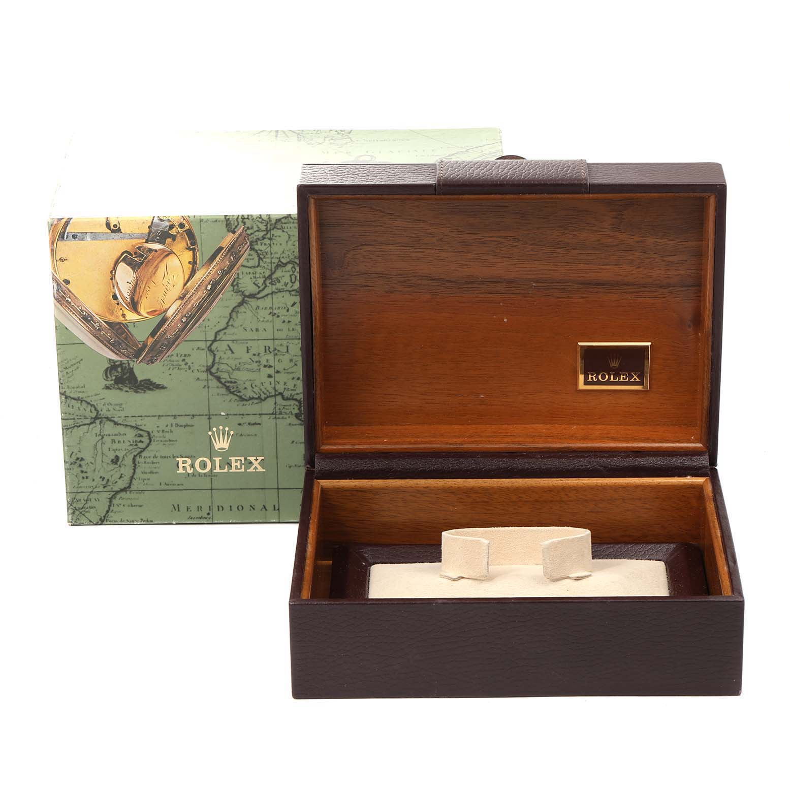 The image shows a Rolex President 18038 Men's Yellow Gold Black Dial 18038 Men's Yellow Gold Black Dial model watch box and an outer green box with map design, both open and empty.