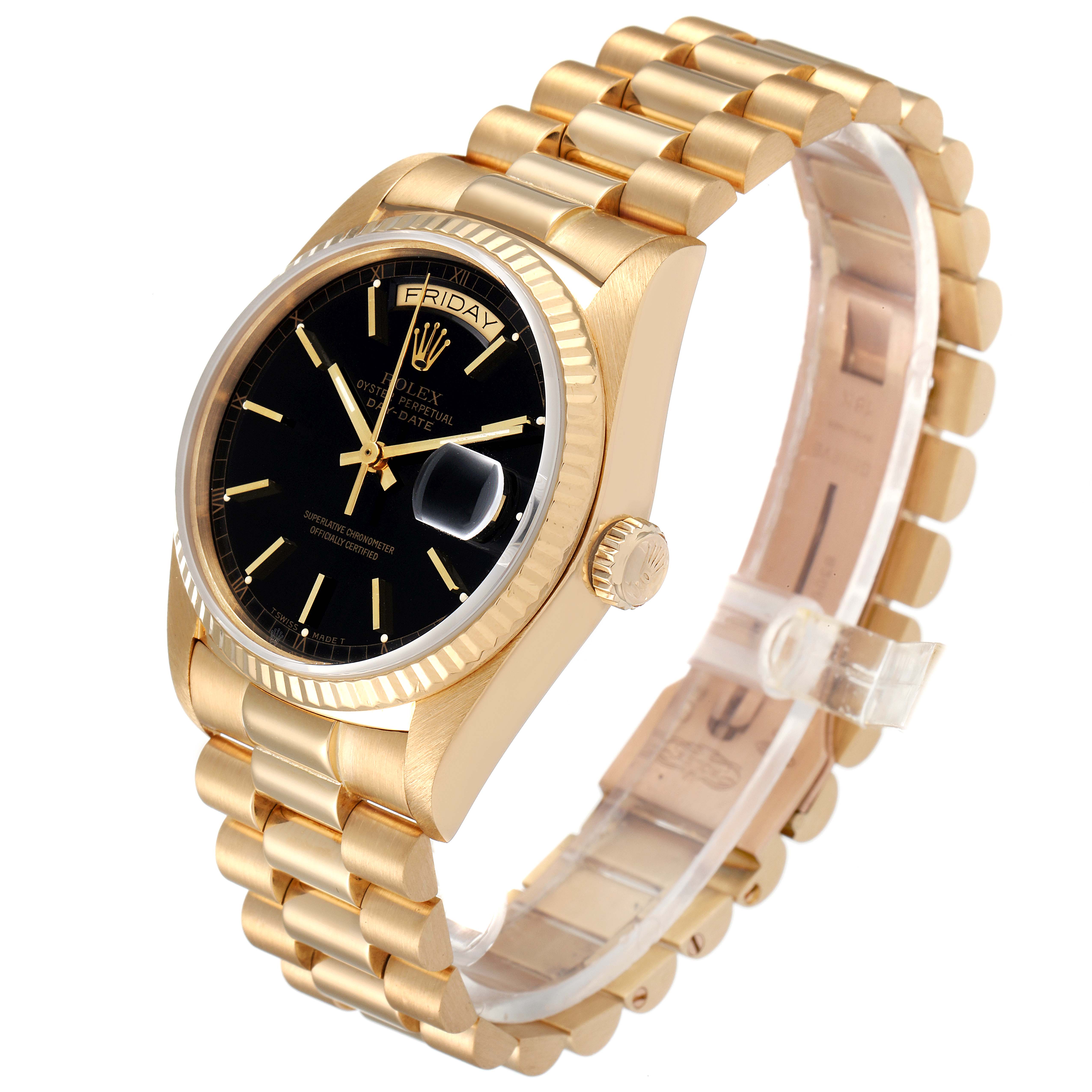 The image shows a Rolex President 18038 Men's Yellow Gold Black Dial 18038 Men's Yellow Gold Black Dial watch from a three-quarter angle, highlighting its gold band, black dial, and date window.