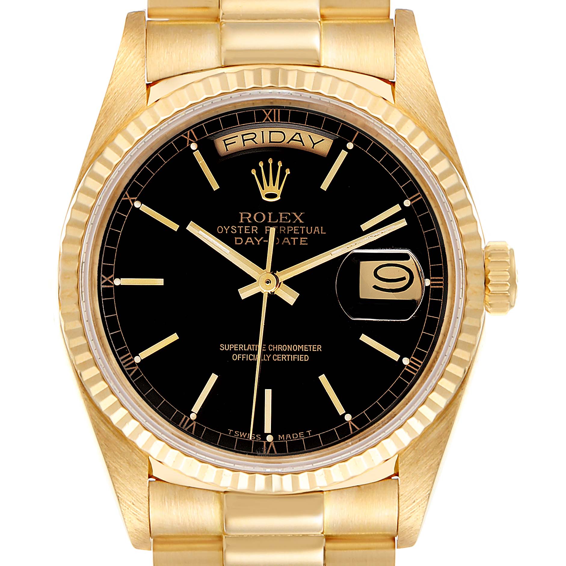 The Rolex President 18038 Men's Yellow Gold Black Dial 18038 Men's Yellow Gold Black Dial model watch is shown from a front angle, highlighting its black dial, day-date display, and gold bracelet.