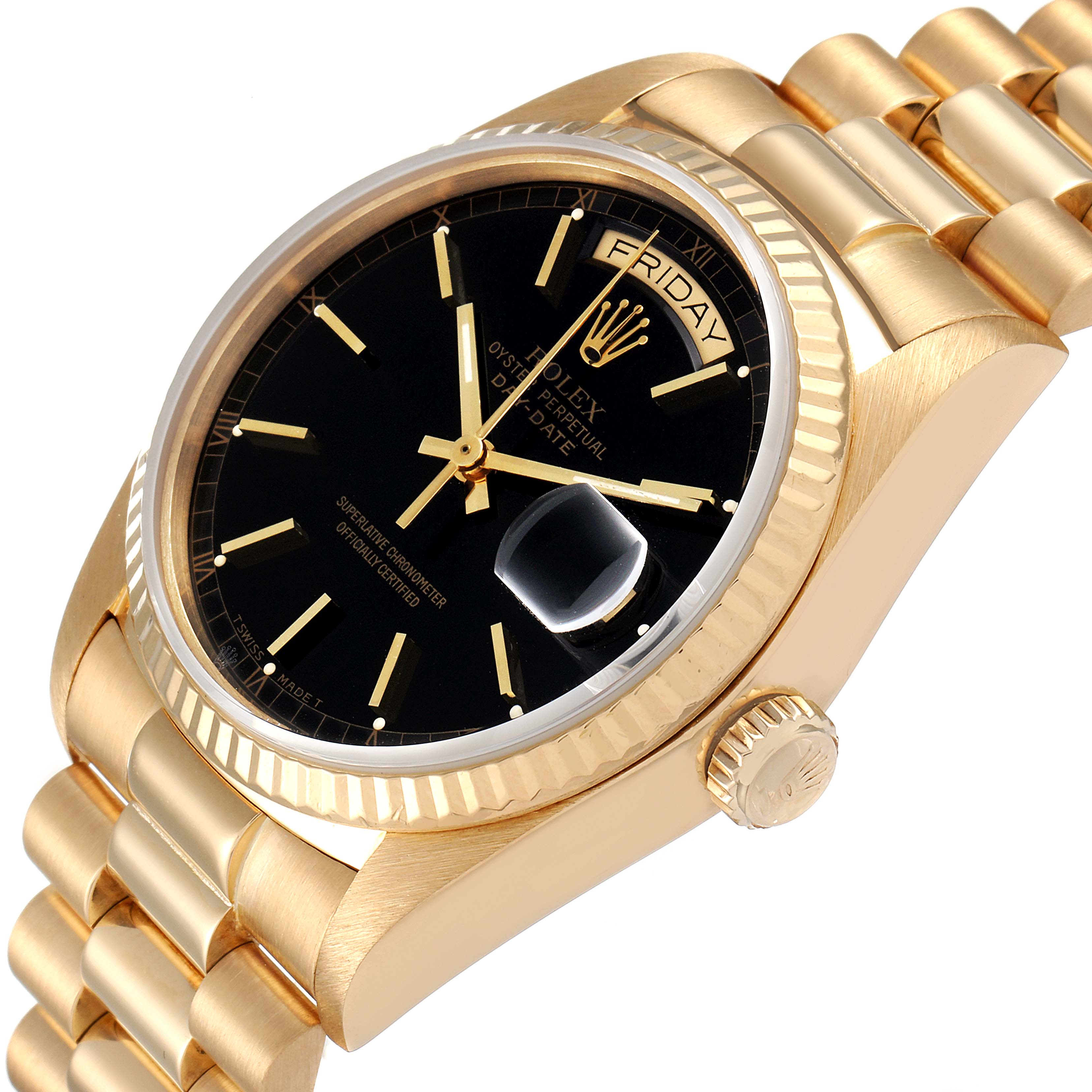 The image shows a Rolex President 18038 Men's Yellow Gold Black Dial 18038 Men's Yellow Gold Black Dial model watch at an angle highlighting the dial, bezel, crown, and part of the bracelet.