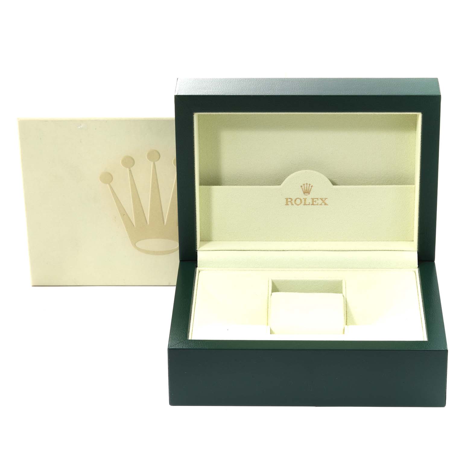 This image shows an open Rolex Sea-Dweller 16600 Men
s Stainless Steel Black Dial 16600 Men
s Stainless Steel Black Dial watch box with the inner cushion and outer packaging included.