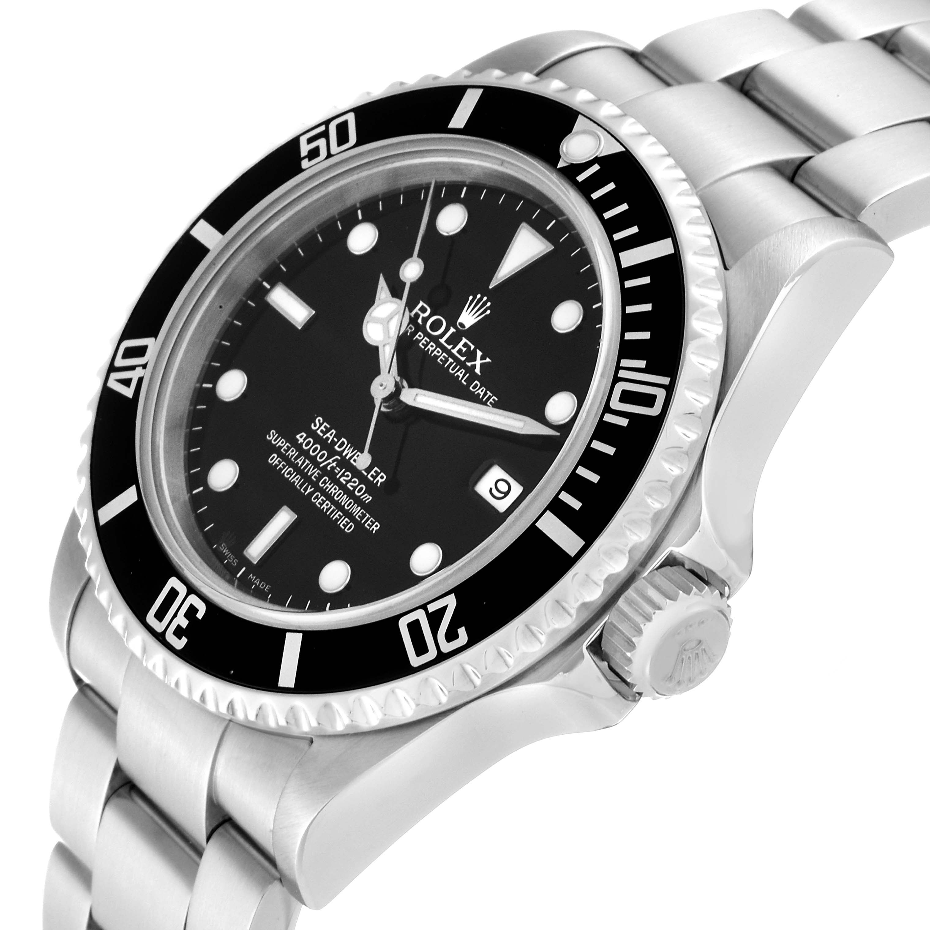 The image shows a close-up, angled view of the Rolex Sea-Dweller 16600 Men
s Stainless Steel Black Dial 16600 Men
s Stainless Steel Black Dial watch, highlighting the bezel, dial, hands, and part of the bracelet.