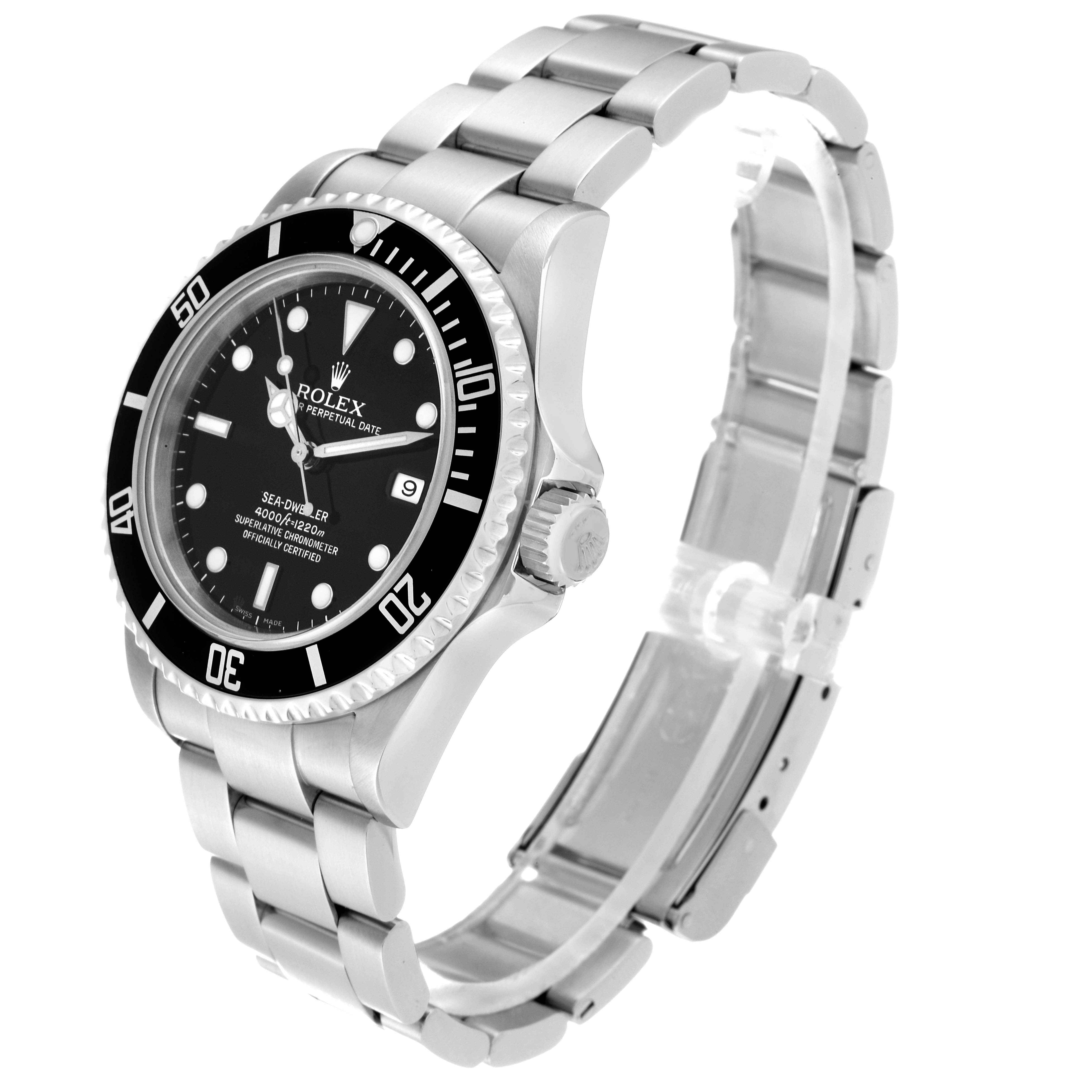 The image shows a side angle of the Rolex Sea-Dweller 16600 Men
s Stainless Steel Black Dial 16600 Men
s Stainless Steel Black Dial watch, highlighting its bezel, dial, crown, and stainless steel bracelet.