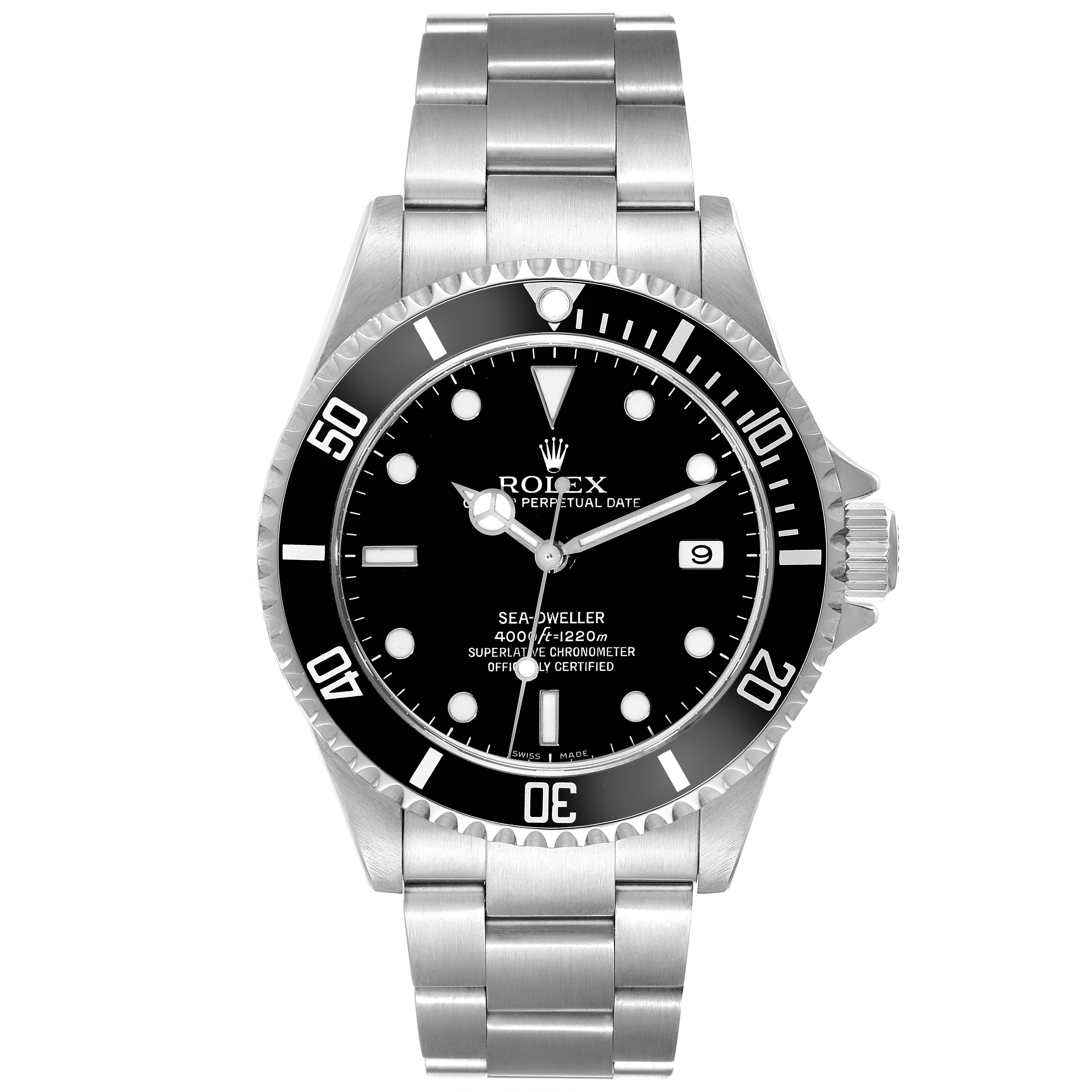 The Rolex Sea-Dweller 16600 Men
s Stainless Steel Black Dial 16600 Men
s Stainless Steel Black Dial watch is shown from a front angle, displaying the dial, bezel, and bracelet.