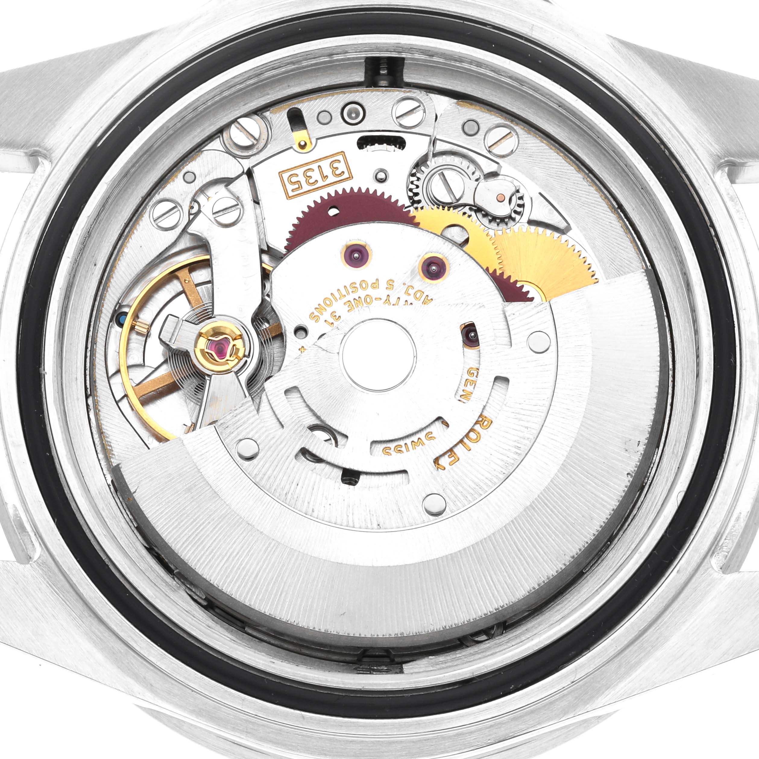 The image shows the internal mechanical movement of a Rolex Sea-Dweller 16600 Men
s Stainless Steel Black Dial 16600 Men
s Stainless Steel Black Dial watch from a rear angle, revealing gears and rotors.